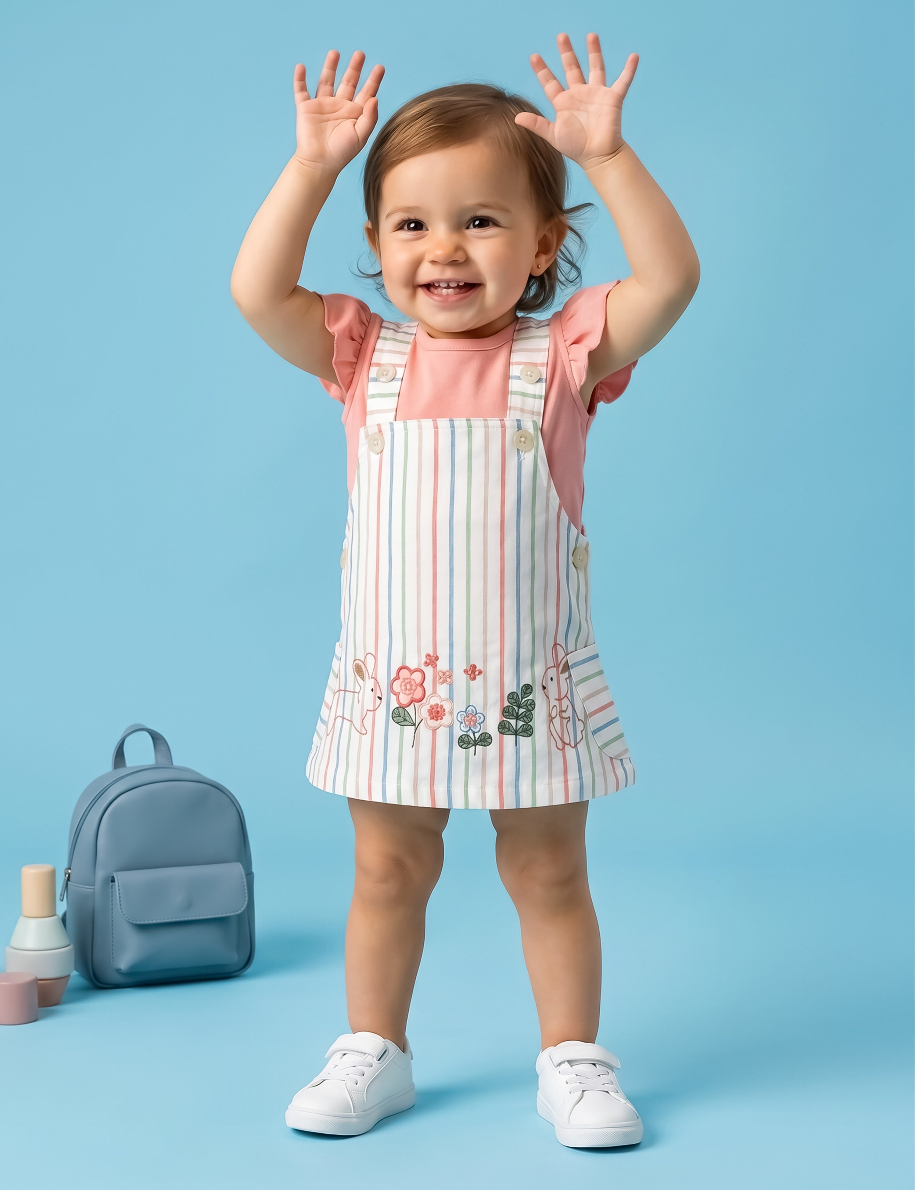 Baby Girls Sweet Bunny Pastel Stripe Overall Dress