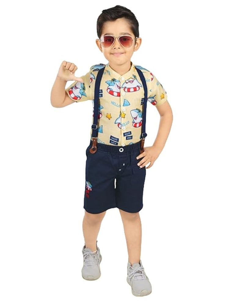 CHOO CHOO Boys Cotton Shirt with Short dungaree Combo