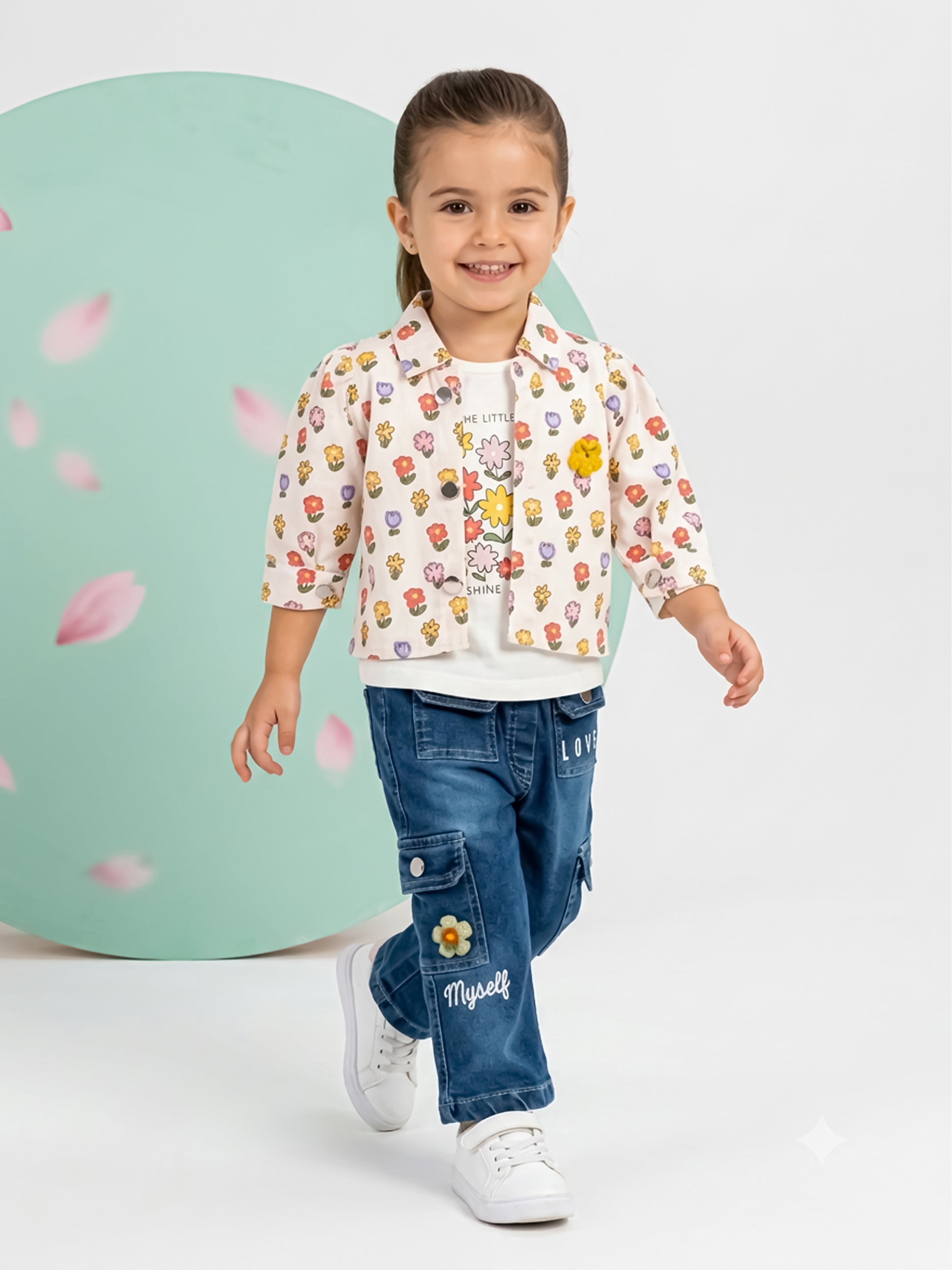Girls Jacket, Printed Top & Wide Leg Cargo Jeans Clothing Set