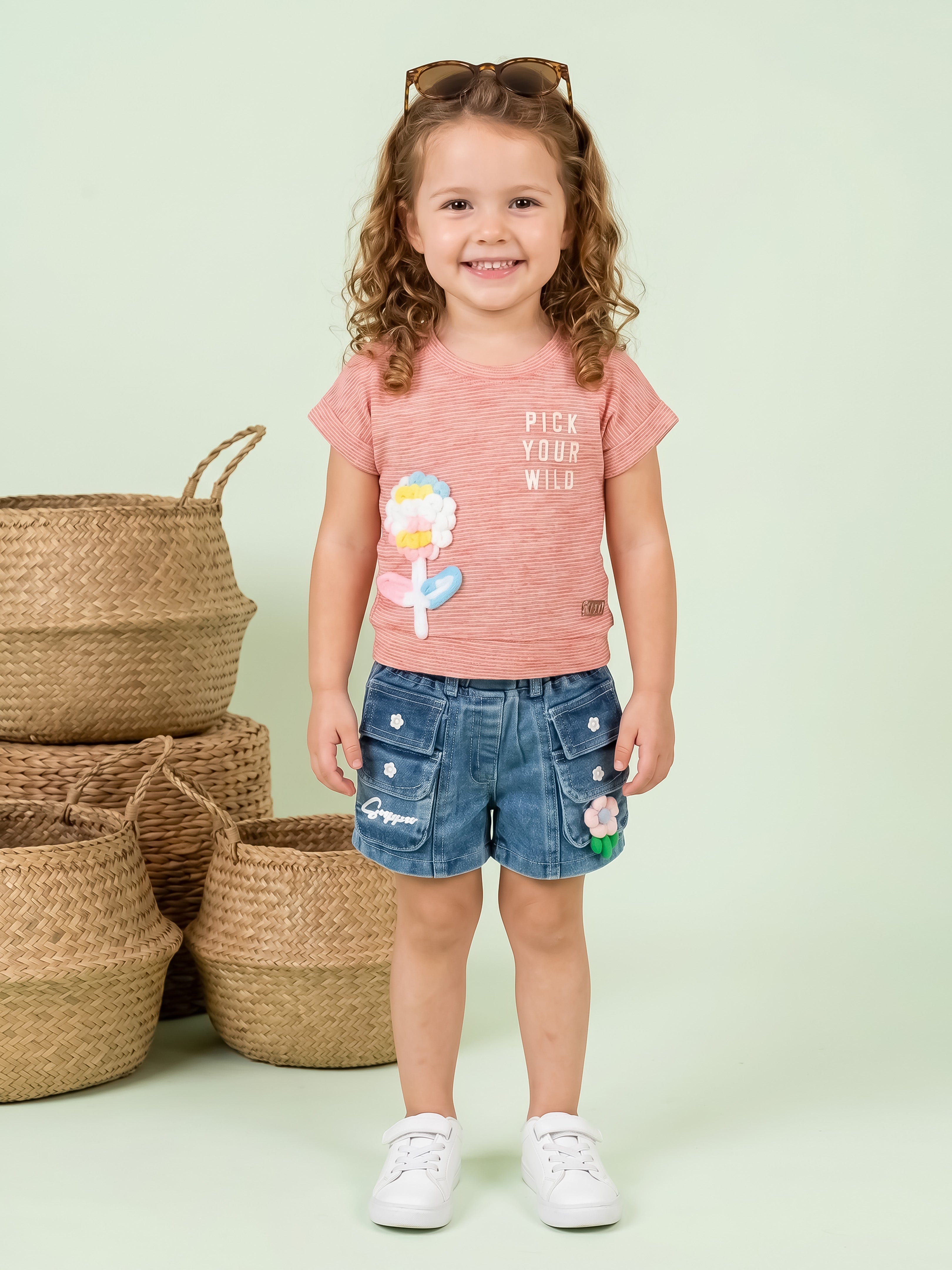 Girls Top with Denim Shorts Clothing Set