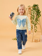 Girls Sweatshirt with Wide Leg Denim Cargo Jeans Set