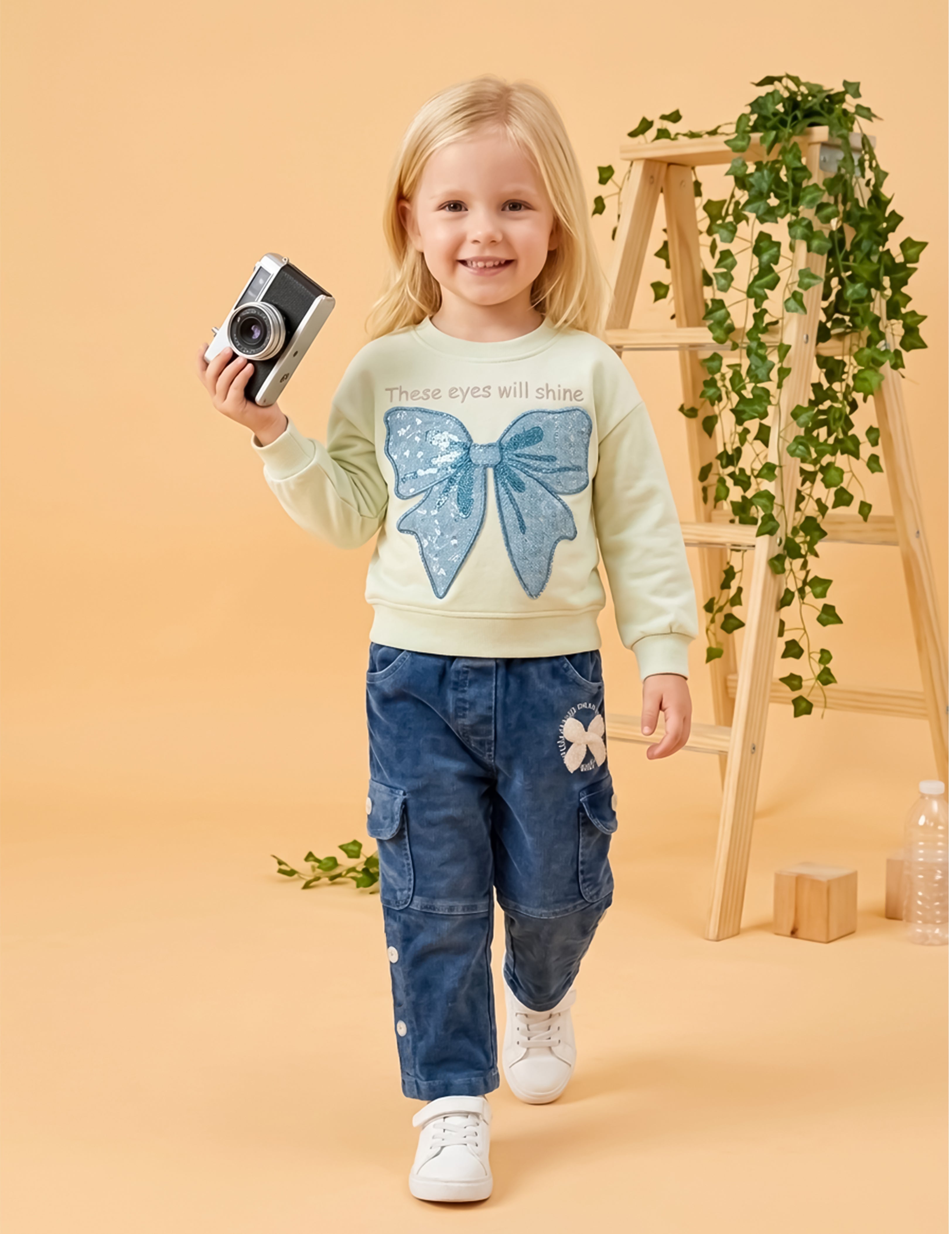 Girls Sweatshirt with Wide Leg Denim Cargo Jeans Set