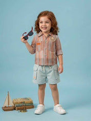 Girls Striped Jacket, Graphic Tee & Denim Shorts Set