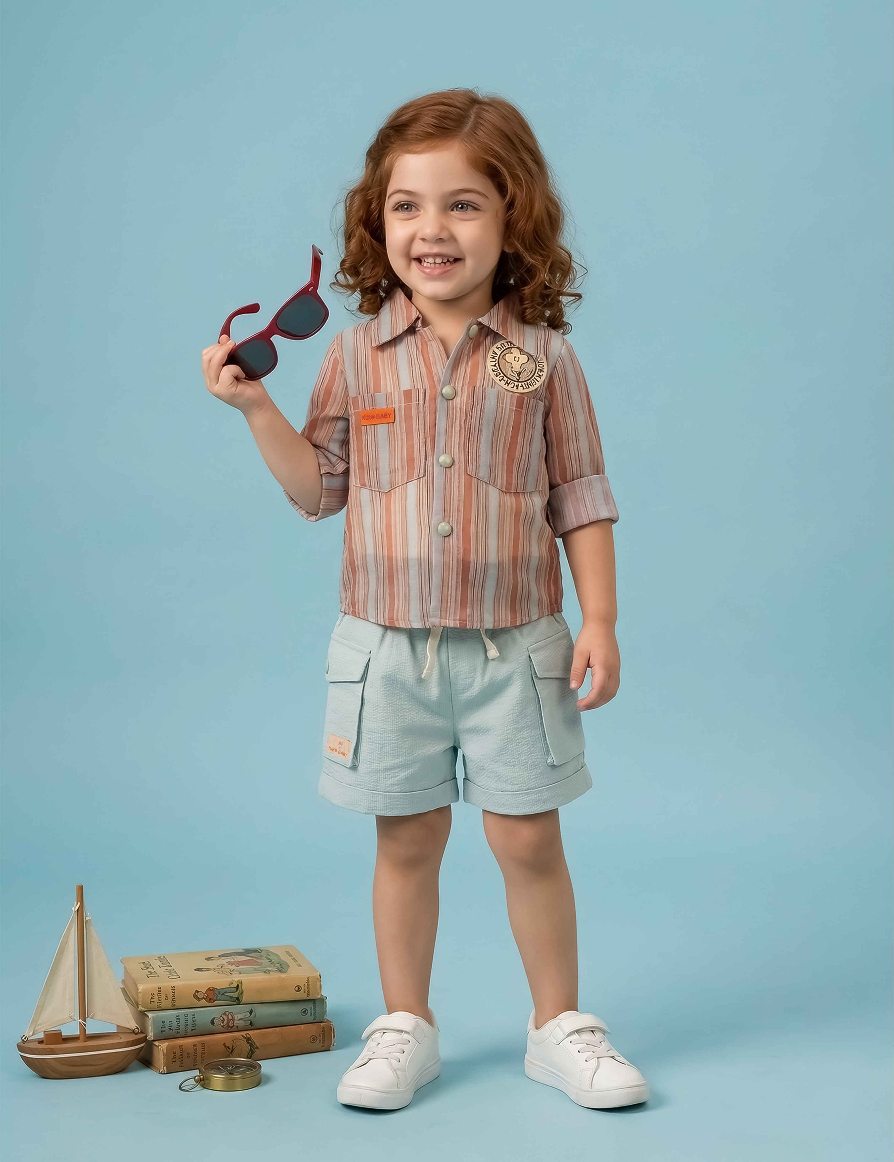 Girls Striped Jacket, Graphic Tee & Denim Shorts Set