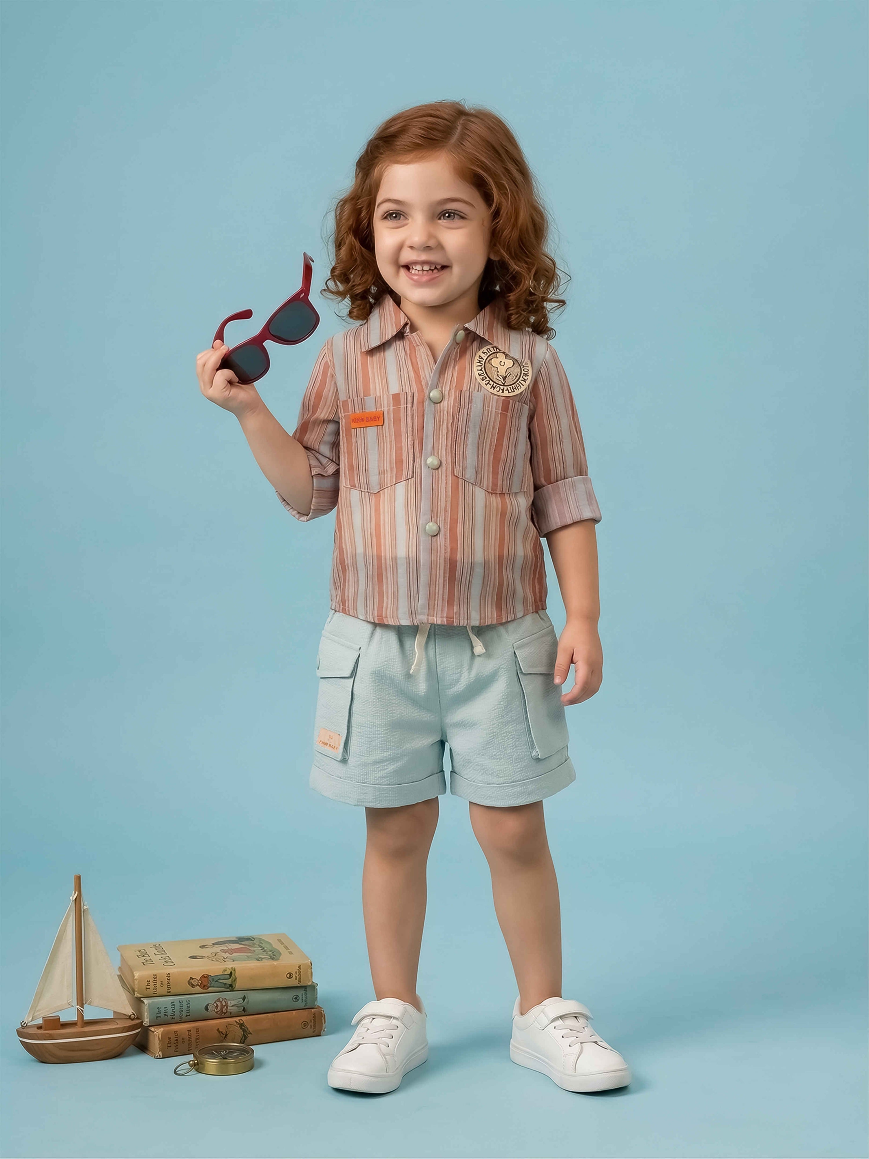 Girls Striped Jacket, Graphic Tee & Denim Shorts Set