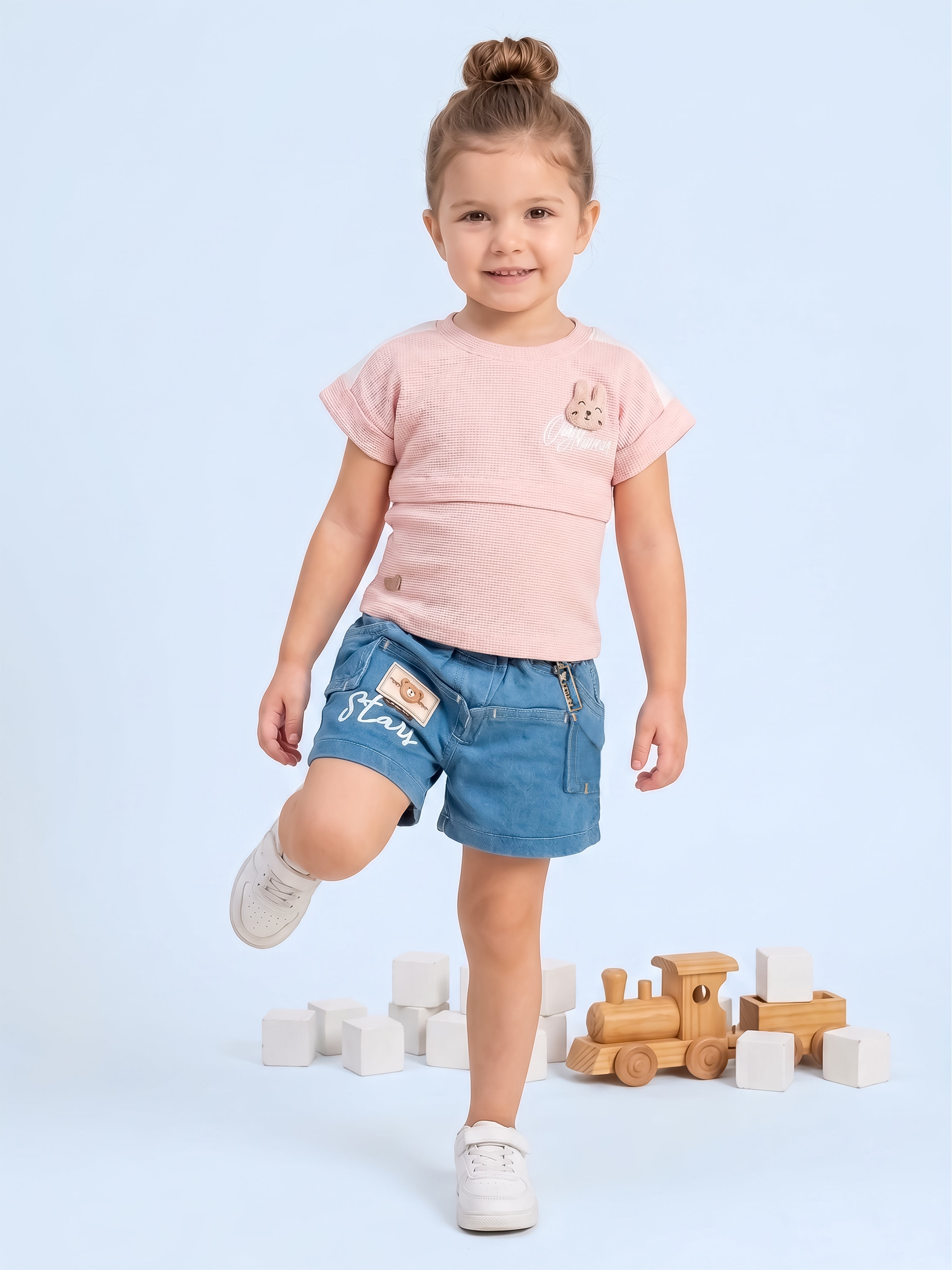 Girls Bunny Print Top with Denim Shorts Clothing Set