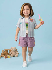 Girls Striped Jacket, Graphic Tee & Denim Shorts Set