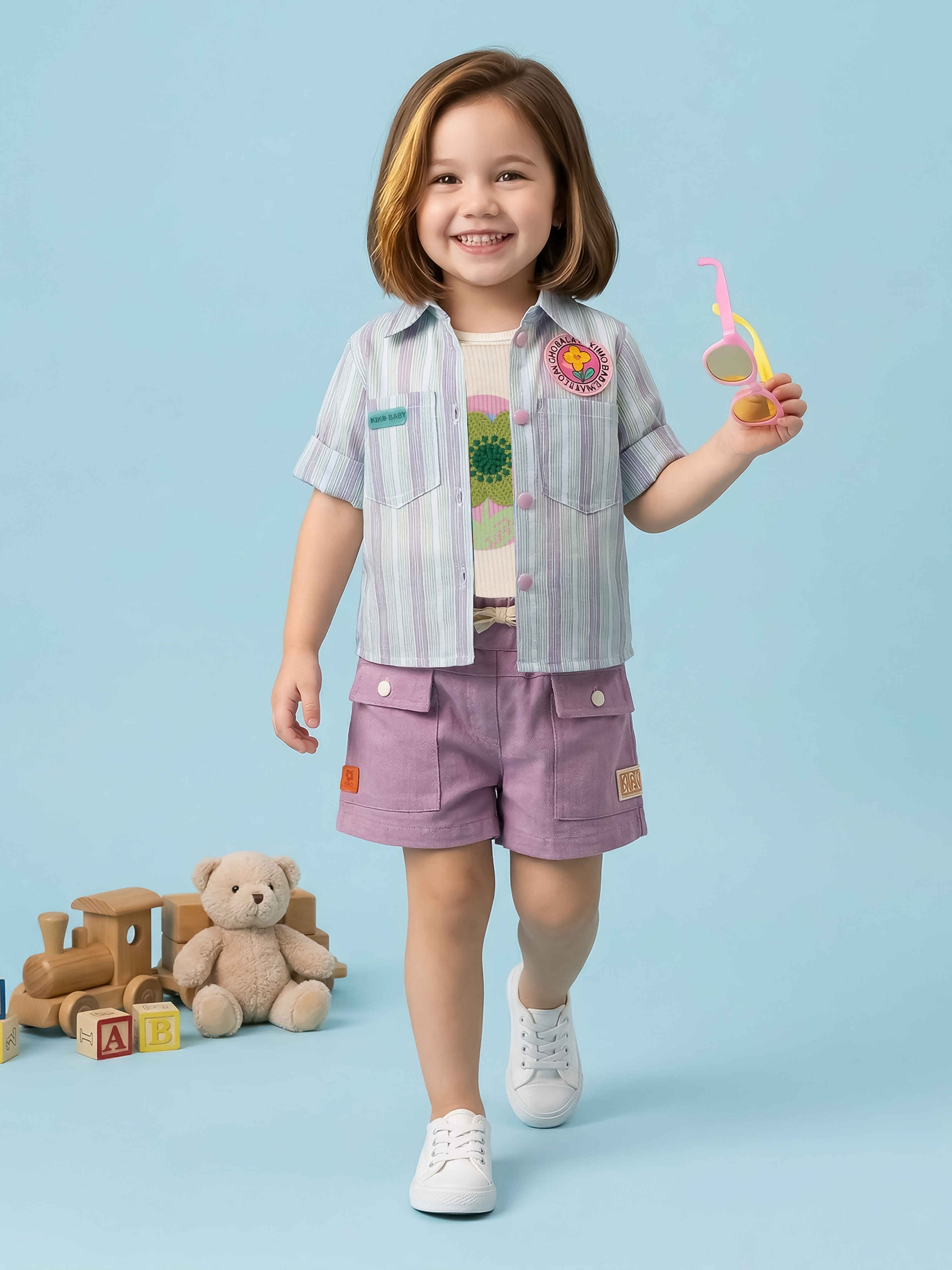 Girls Striped Jacket, Graphic Tee & Denim Shorts Set