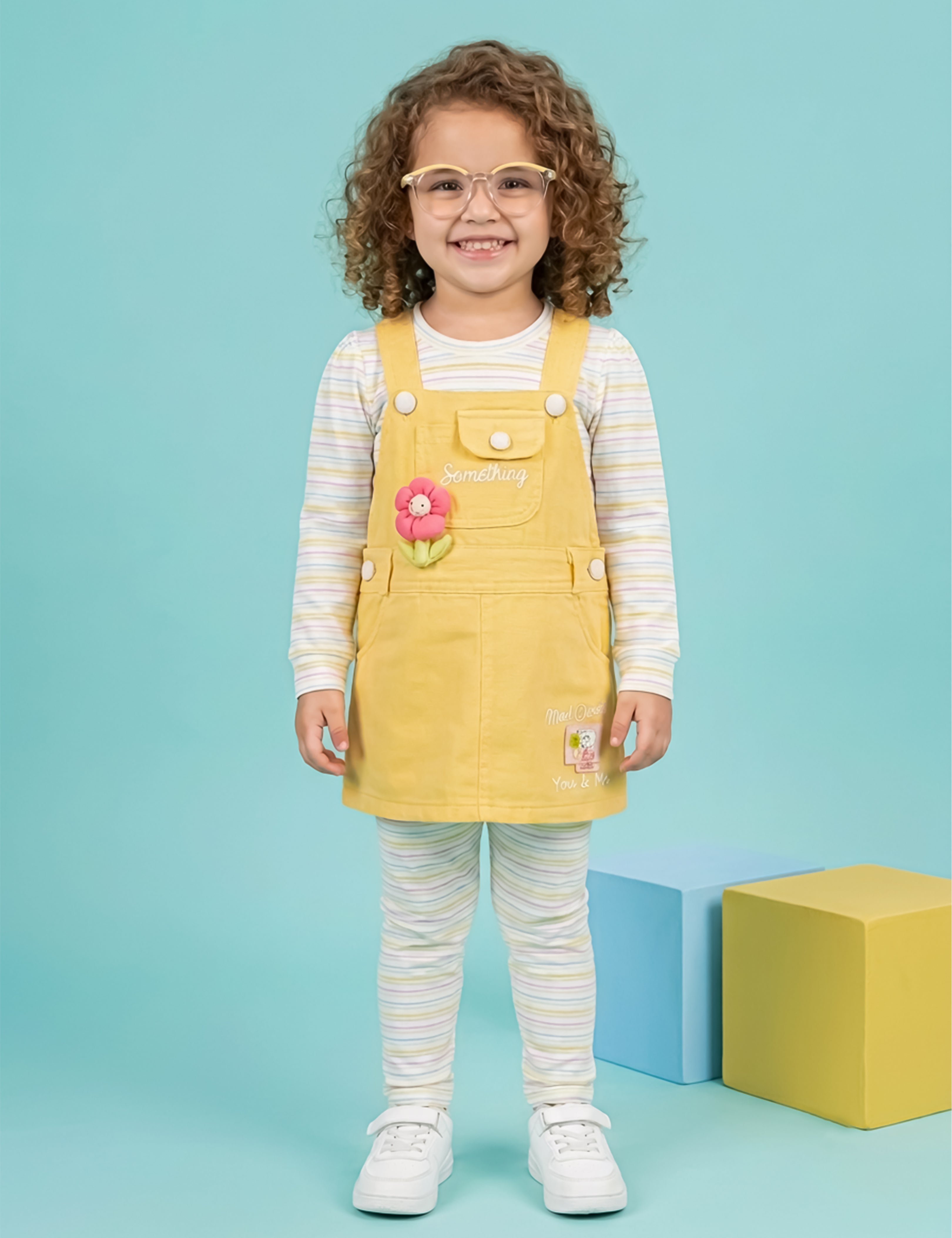 Girls Full Sleeve Top with Dungaree & Leggings Set