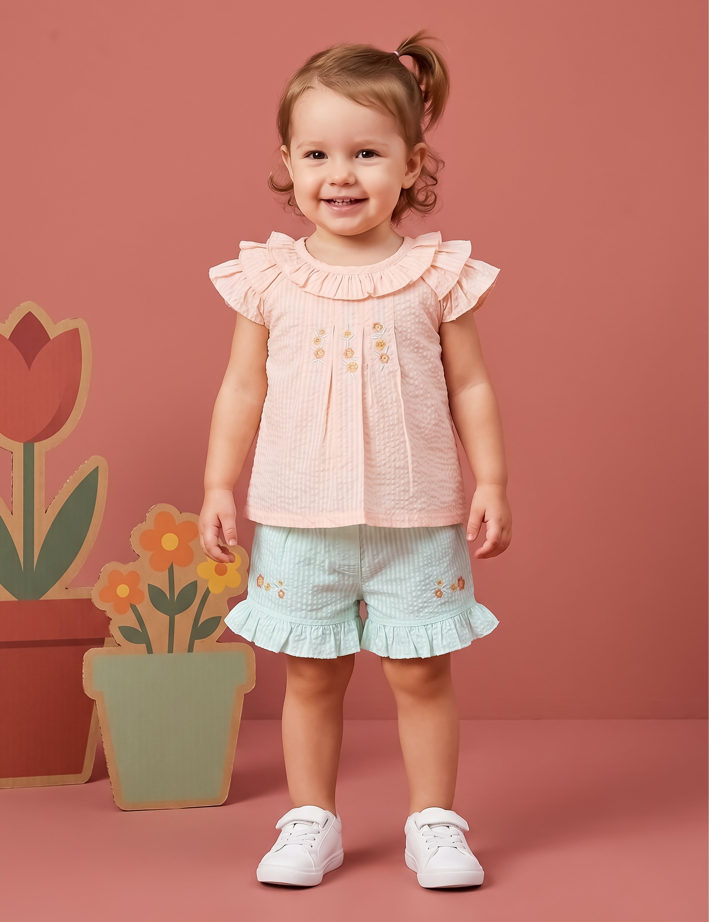Toddler Girls Embroidered Ruffle Top and Shorts