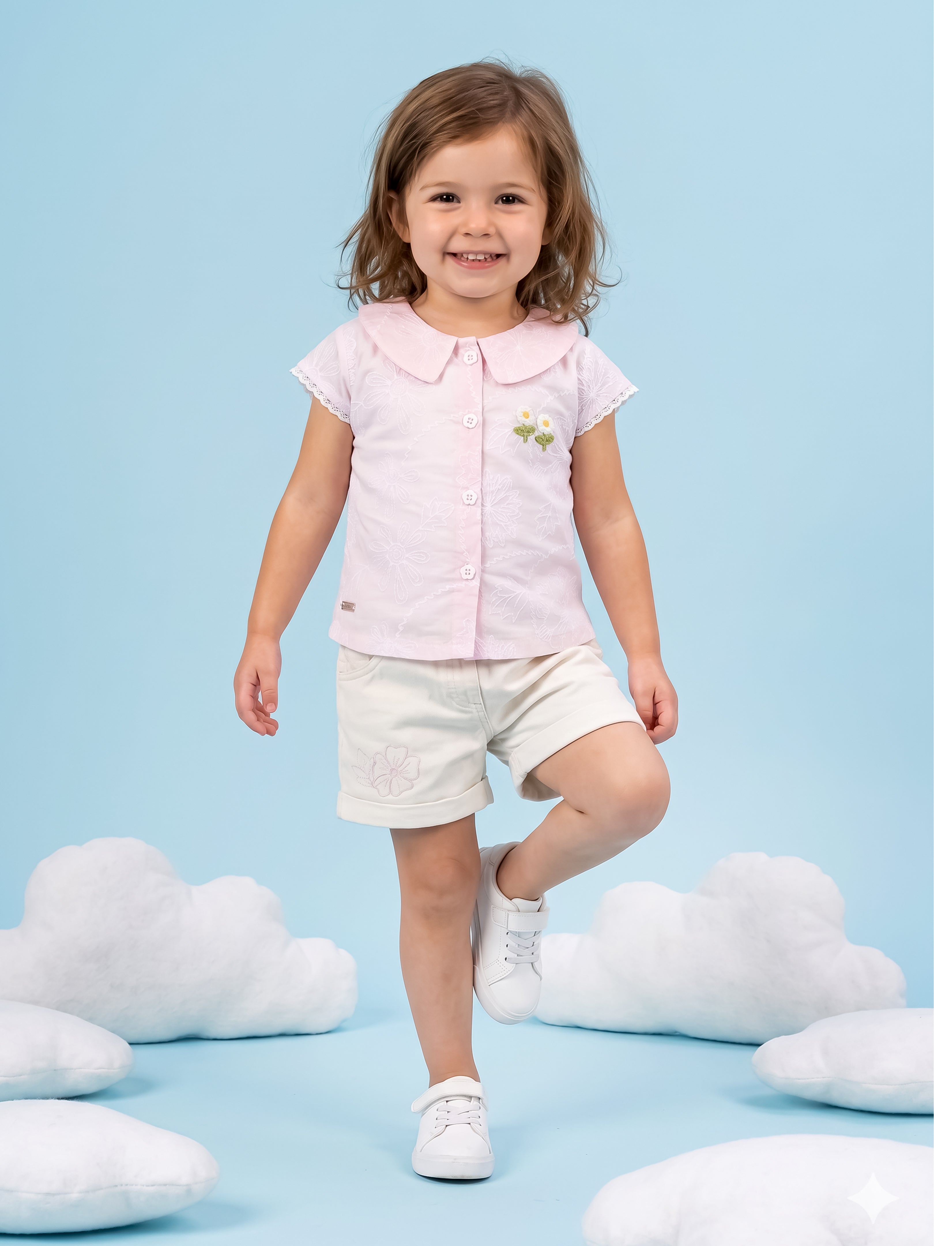 Girls Collar Top with Shorts Clothing Set