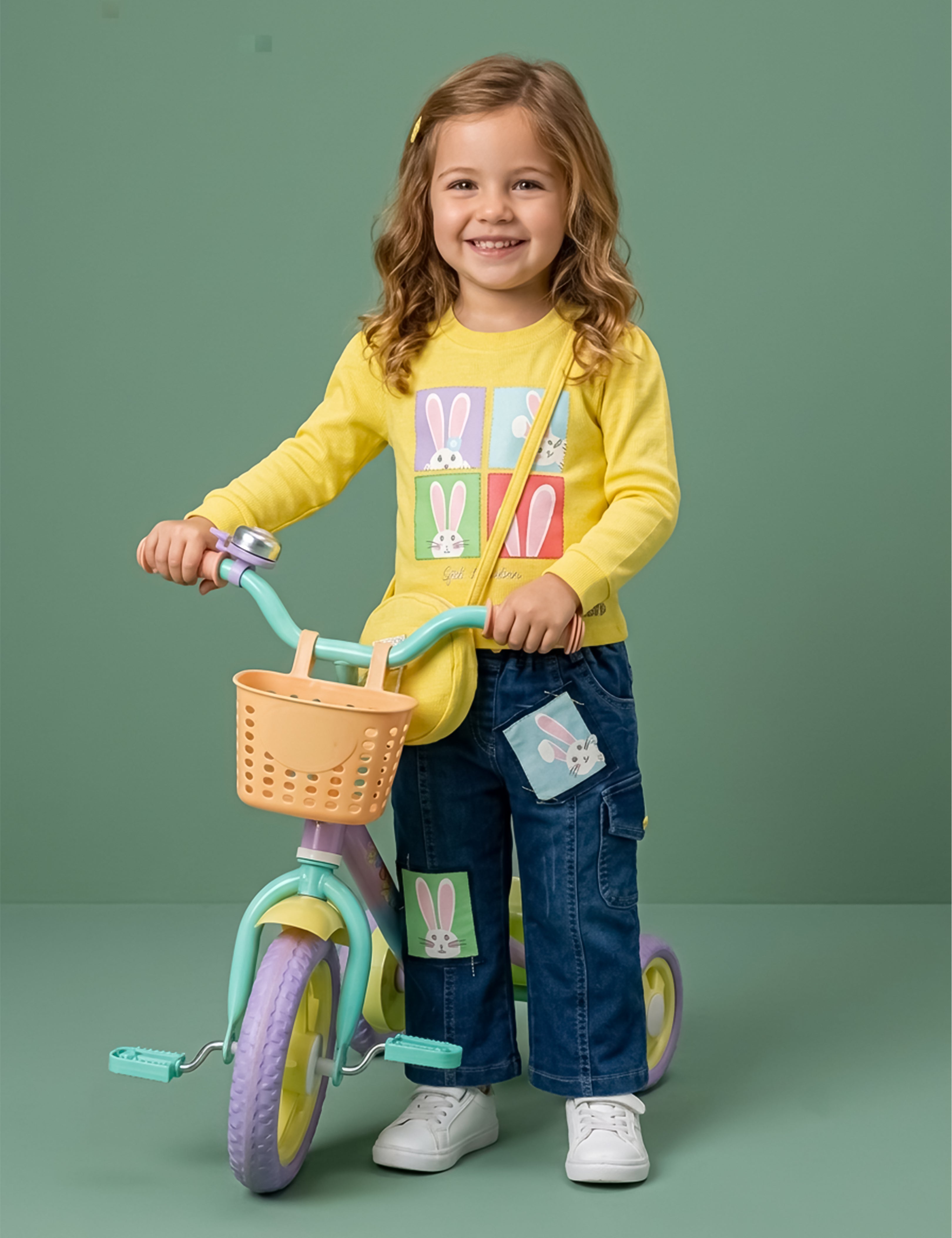 Girls Top with Denim Cargo Pants & Sling Bag Set