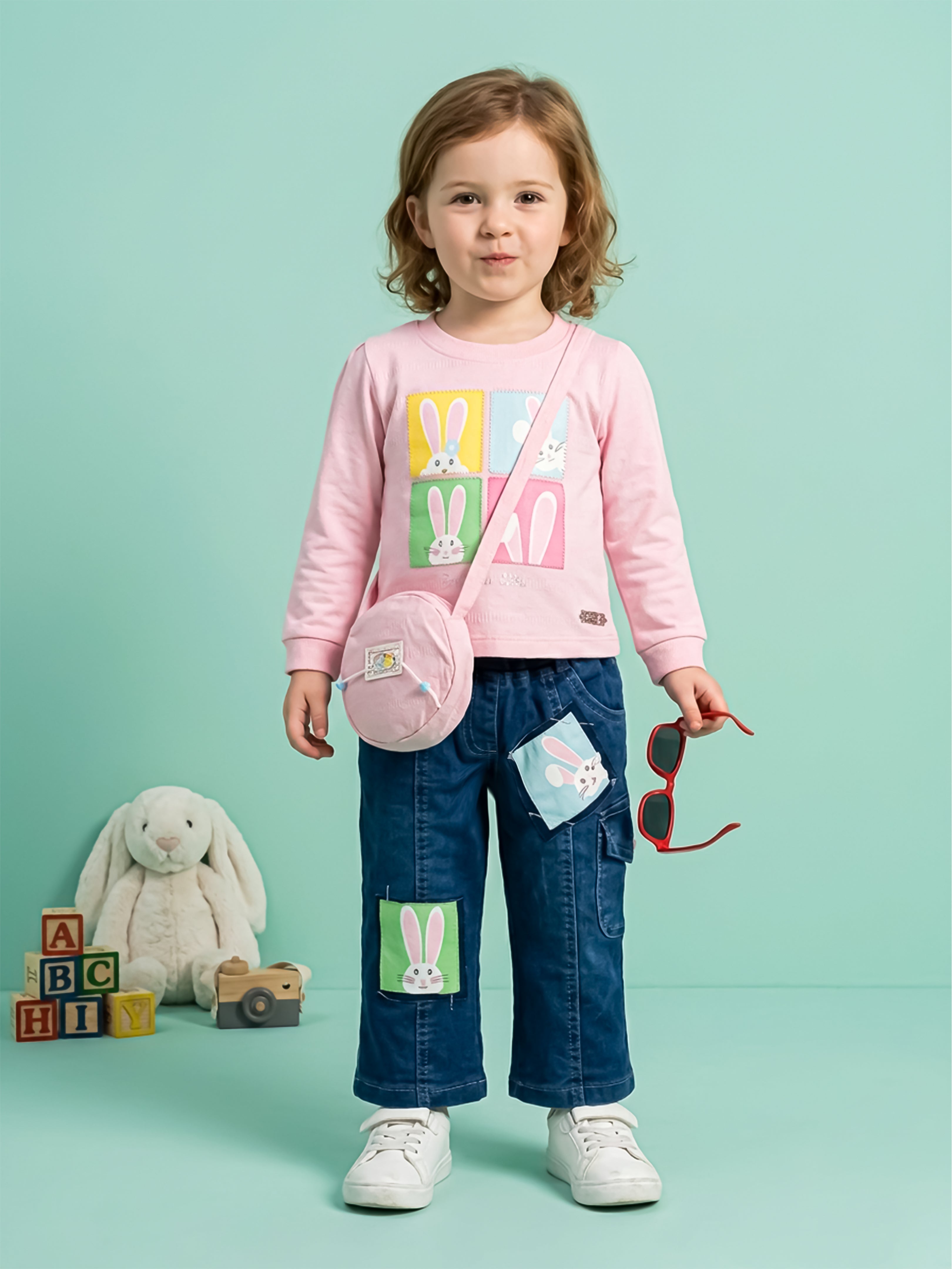 Girls Top with Denim Cargo Pants & Sling Bag Set