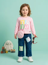 Girls Top with Denim Cargo Pants & Sling Bag Set