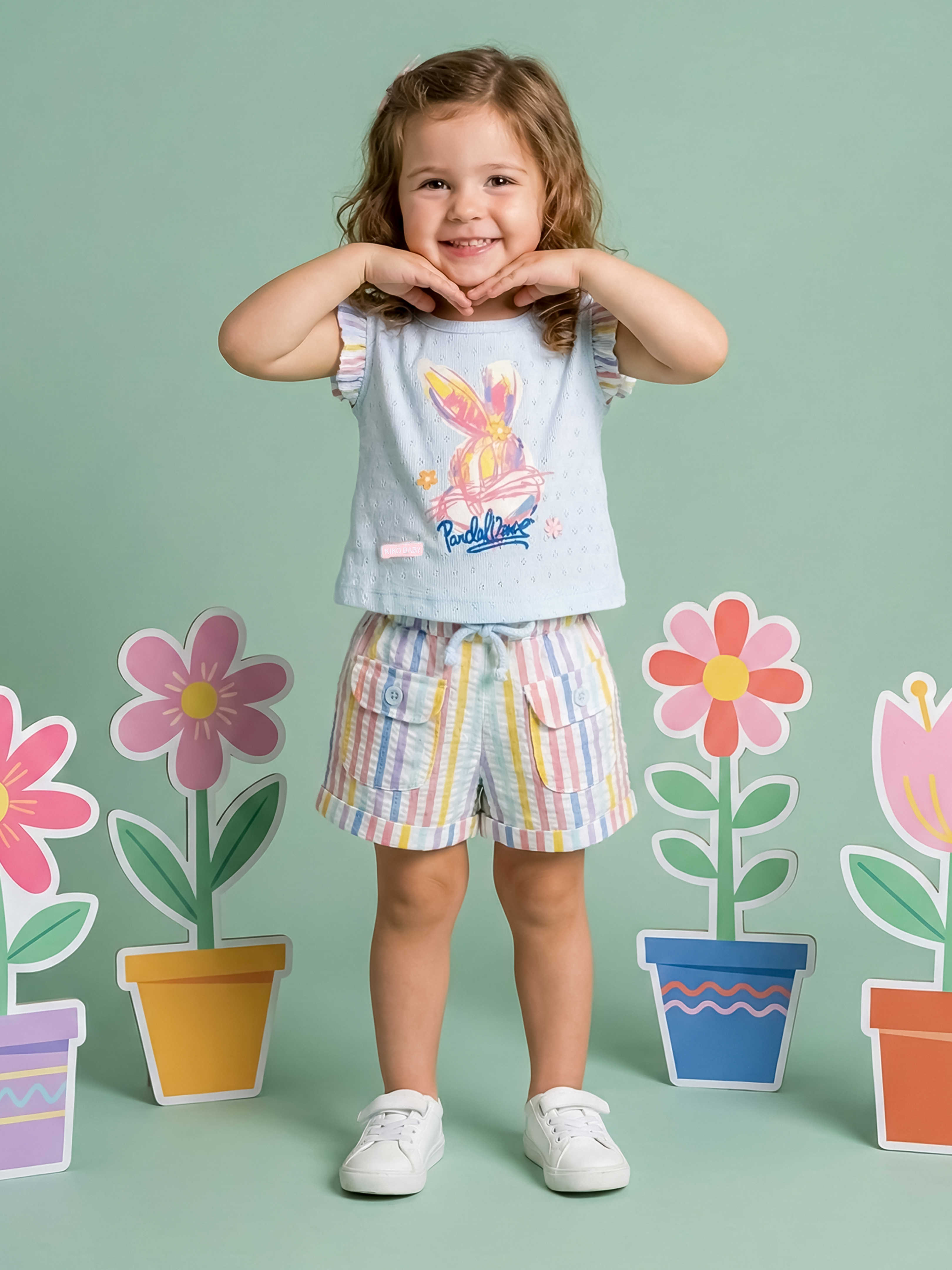Girls Two-Piece Bunny Print Top & Striped Shorts Set