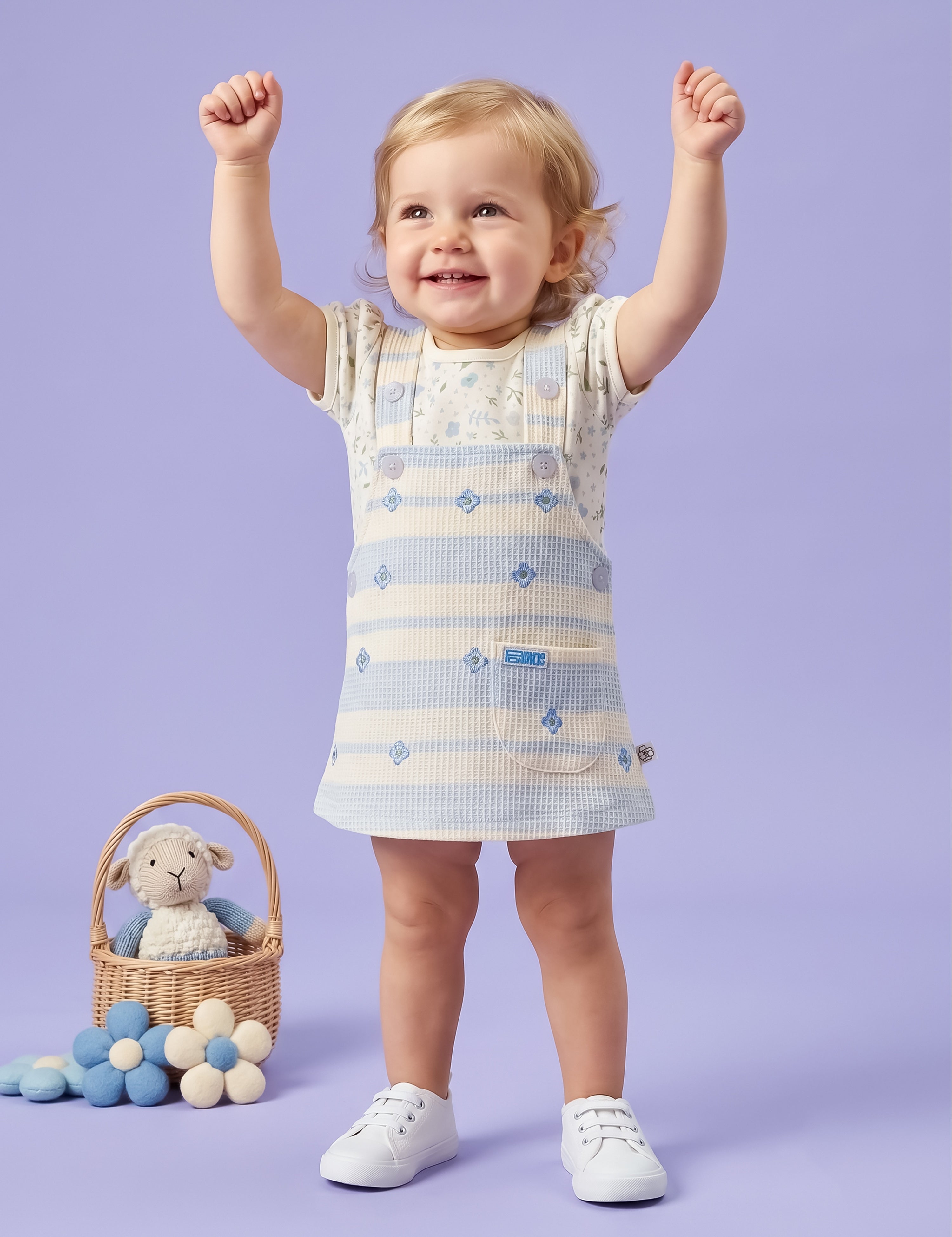 Baby Girls 2-Piece Striped Dungaree Dress & Floral Top Set