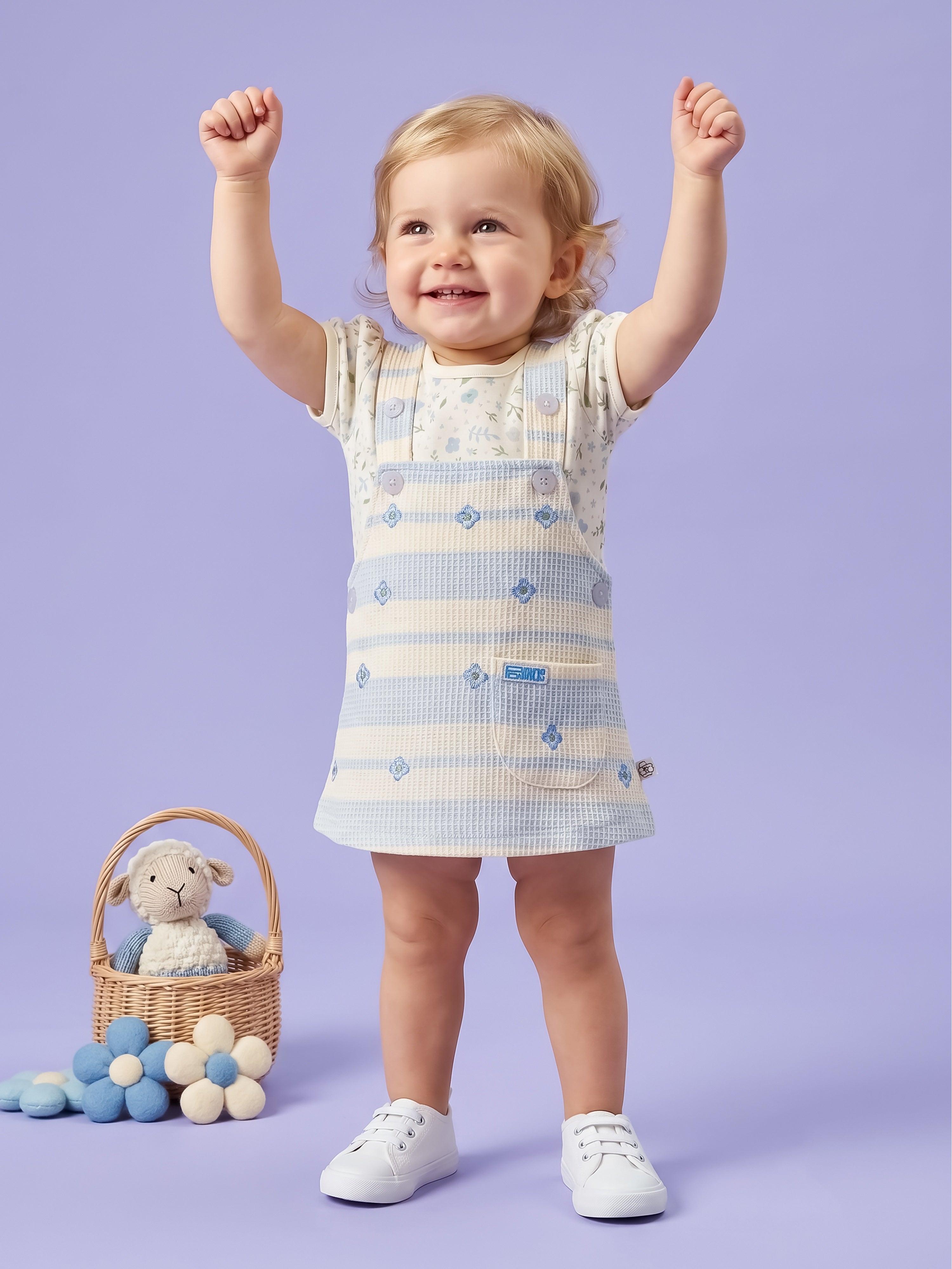 Baby Girls 2-Piece Striped Dungaree Dress & Floral Top Set