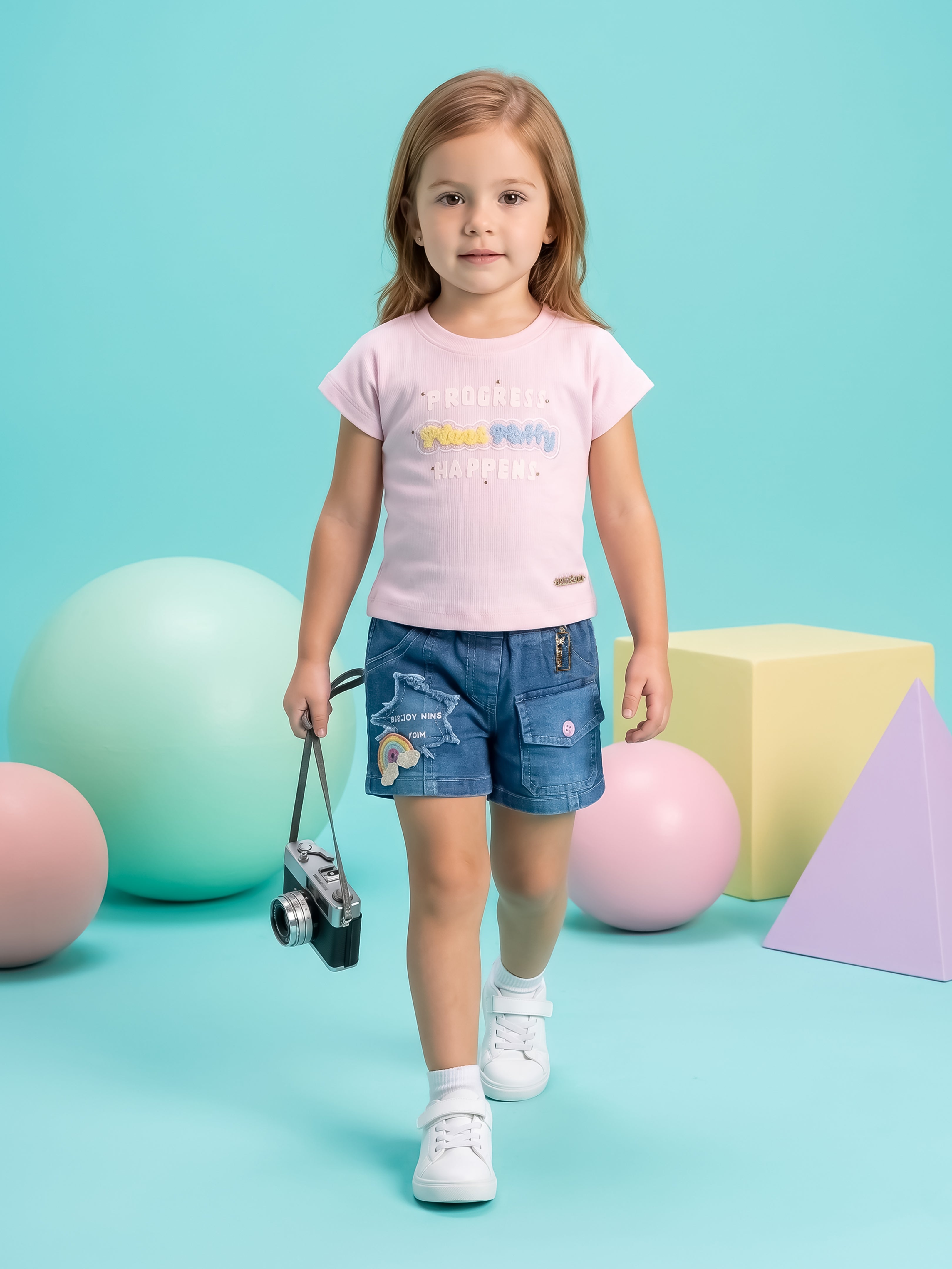 Girls Flower Applique T-Shirt & Denim Shorts Set