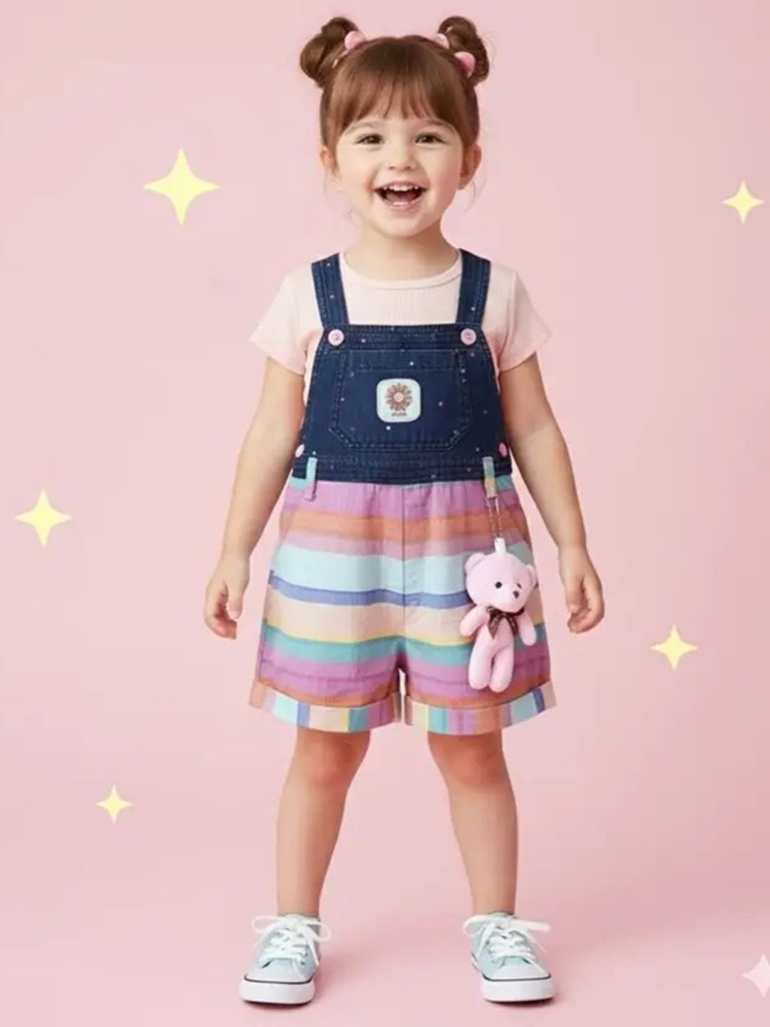 Sweet Rainbow Stripe Denim Overall Shorts Set for Toddler Girls