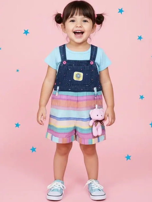 Sweet Rainbow Stripe Denim Overall Shorts Set for Toddler Girls