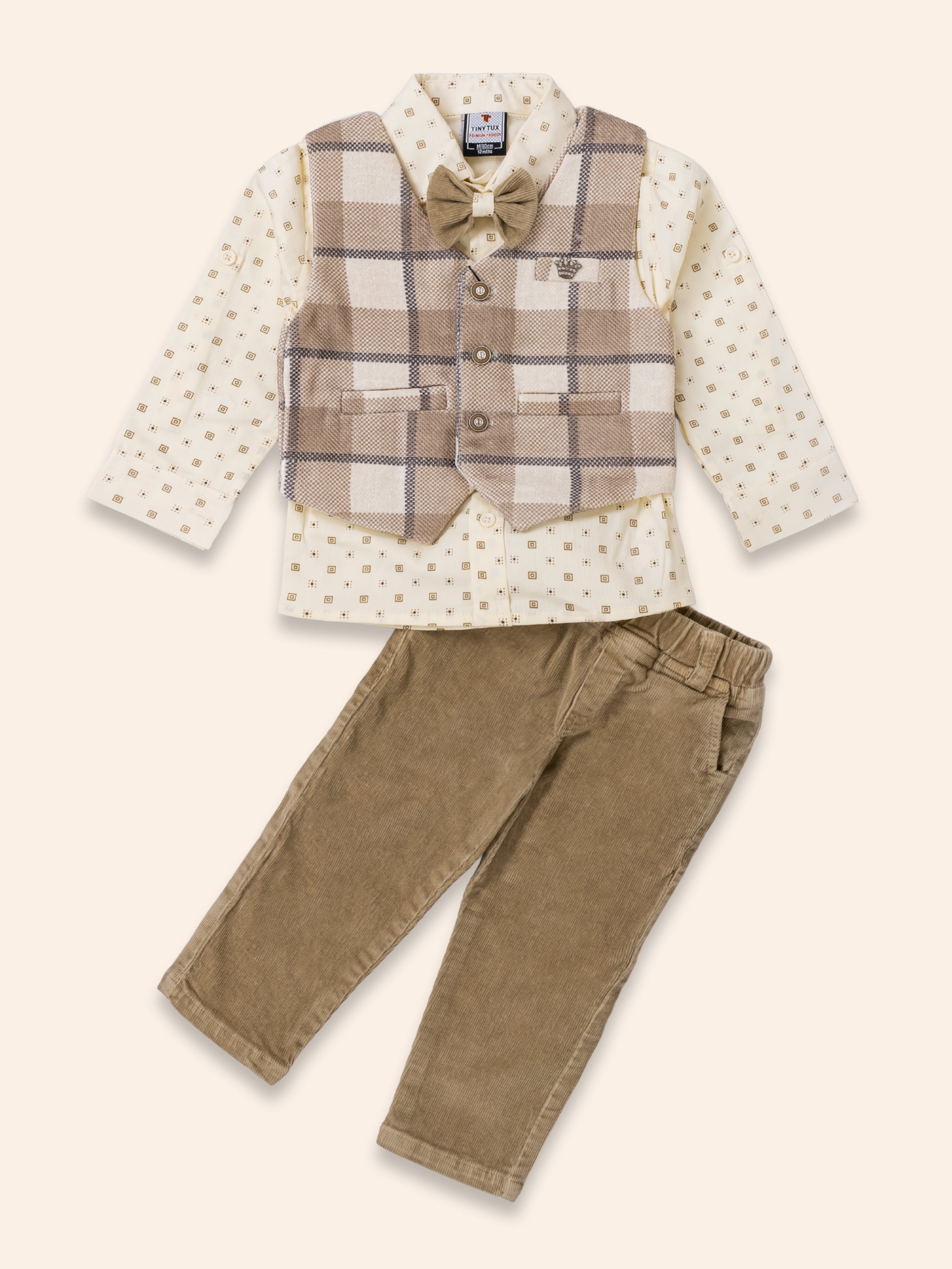 Shirt Waistcoat & Pant Set With Applique Bow