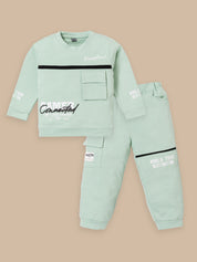 Boys Winter Outfit Set – Warm Sweatshirt & Pant | Black & Pink & Mint