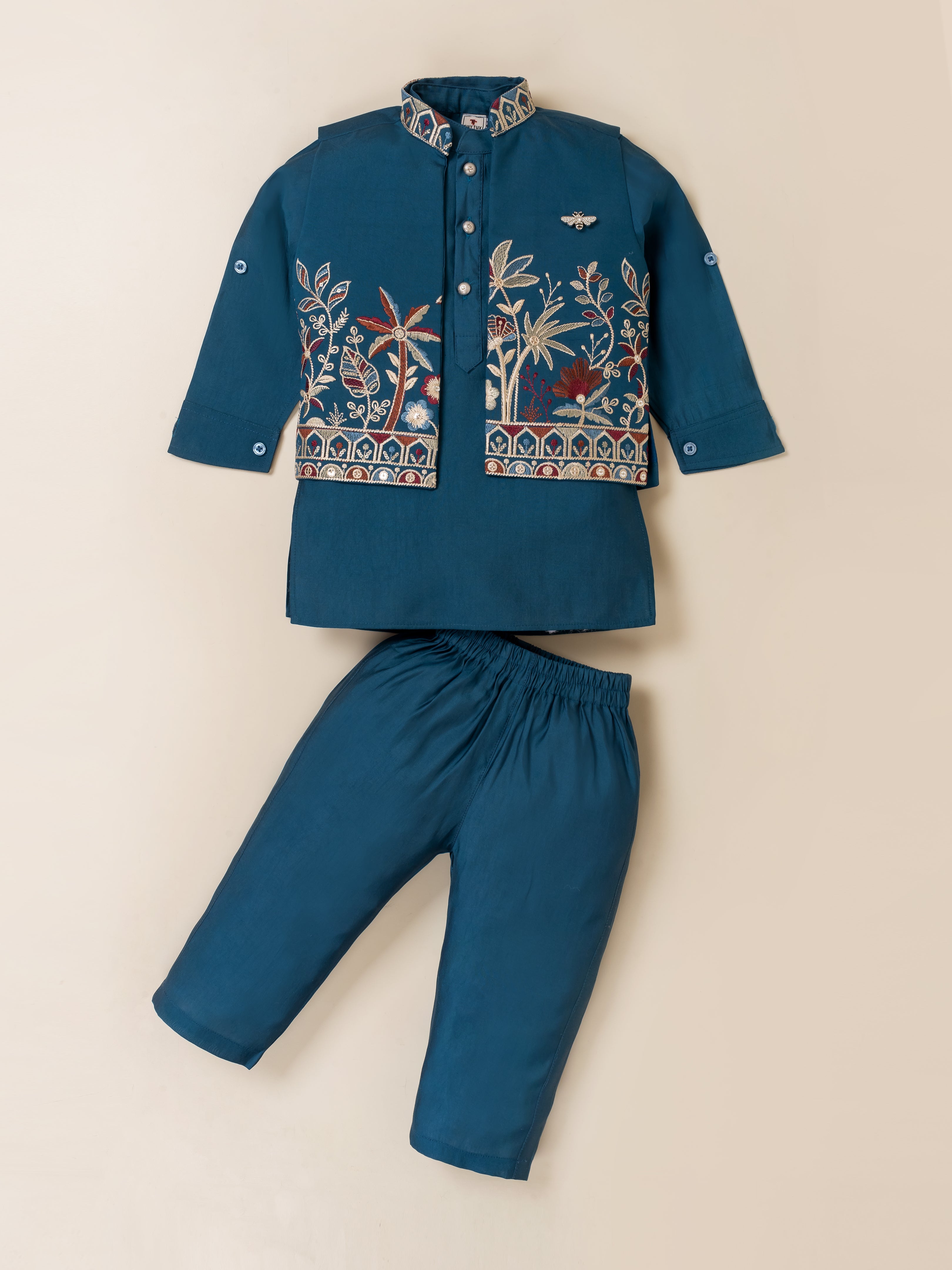Kids Festive Embroidered Kurta Set with Roll-Up Sleeves