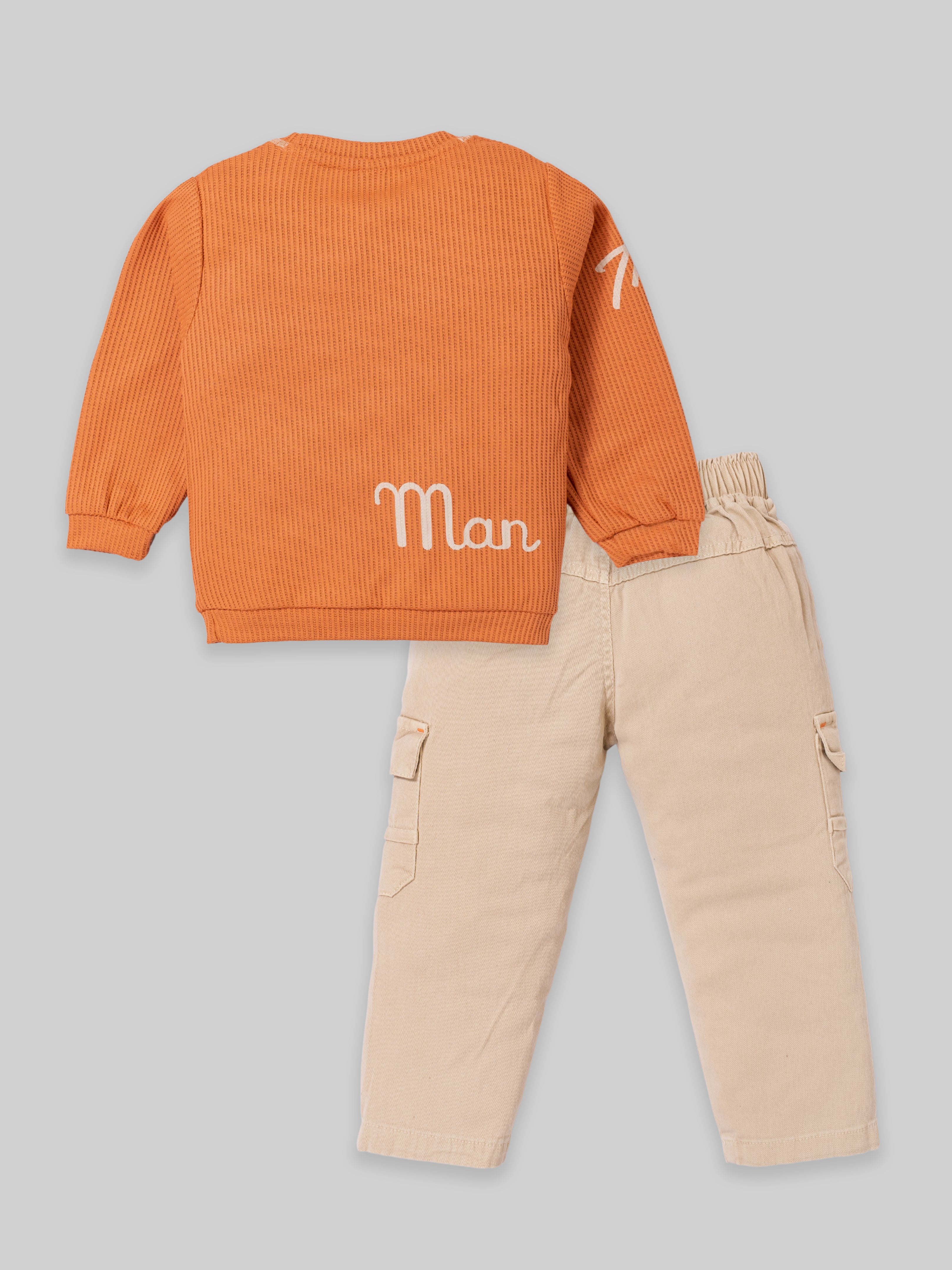 Boys Winter Outfit Set – Warm Sweatshirt & Thick Cargo Pants | Blue & Orange