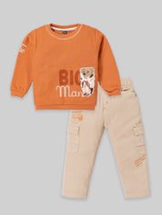 Boys Winter Outfit Set – Warm Sweatshirt & Thick Cargo Pants | Blue & Orange