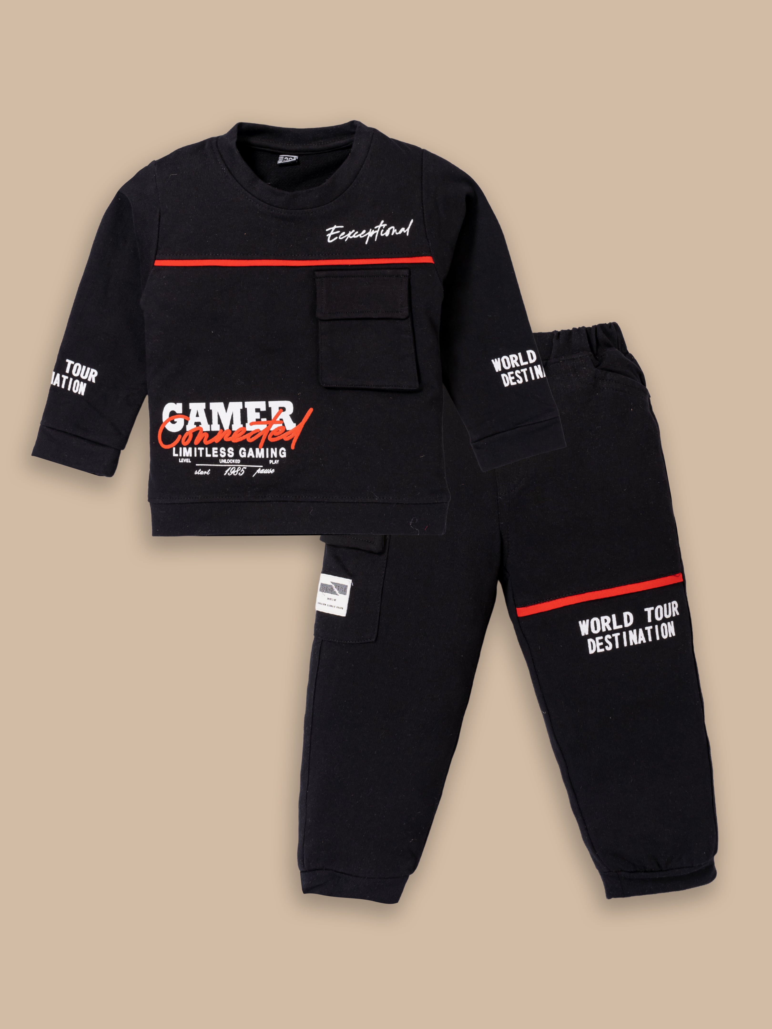 Boys Winter Outfit Set – Warm Sweatshirt & Pant | Black & Pink & Mint