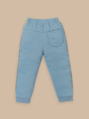 Trendy Kids Tracksuit Set – Printed Sweatshirt with Pocket & Striped Joggers | Beige & Blue