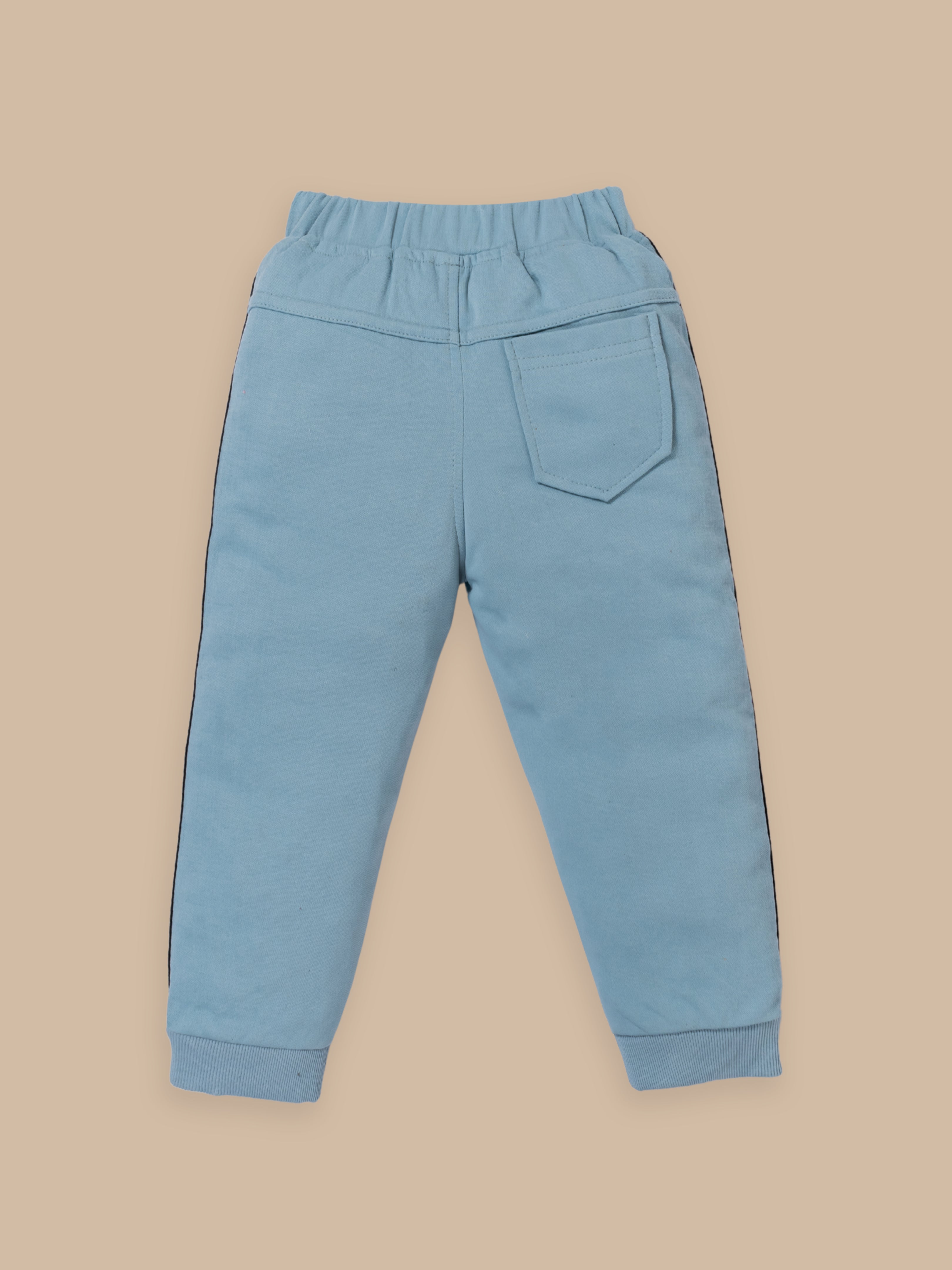 Trendy Kids Tracksuit Set – Printed Sweatshirt with Pocket & Striped Joggers | Beige & Blue