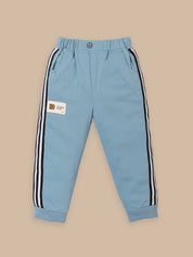 Trendy Kids Tracksuit Set – Printed Sweatshirt with Pocket & Striped Joggers | Beige & Blue