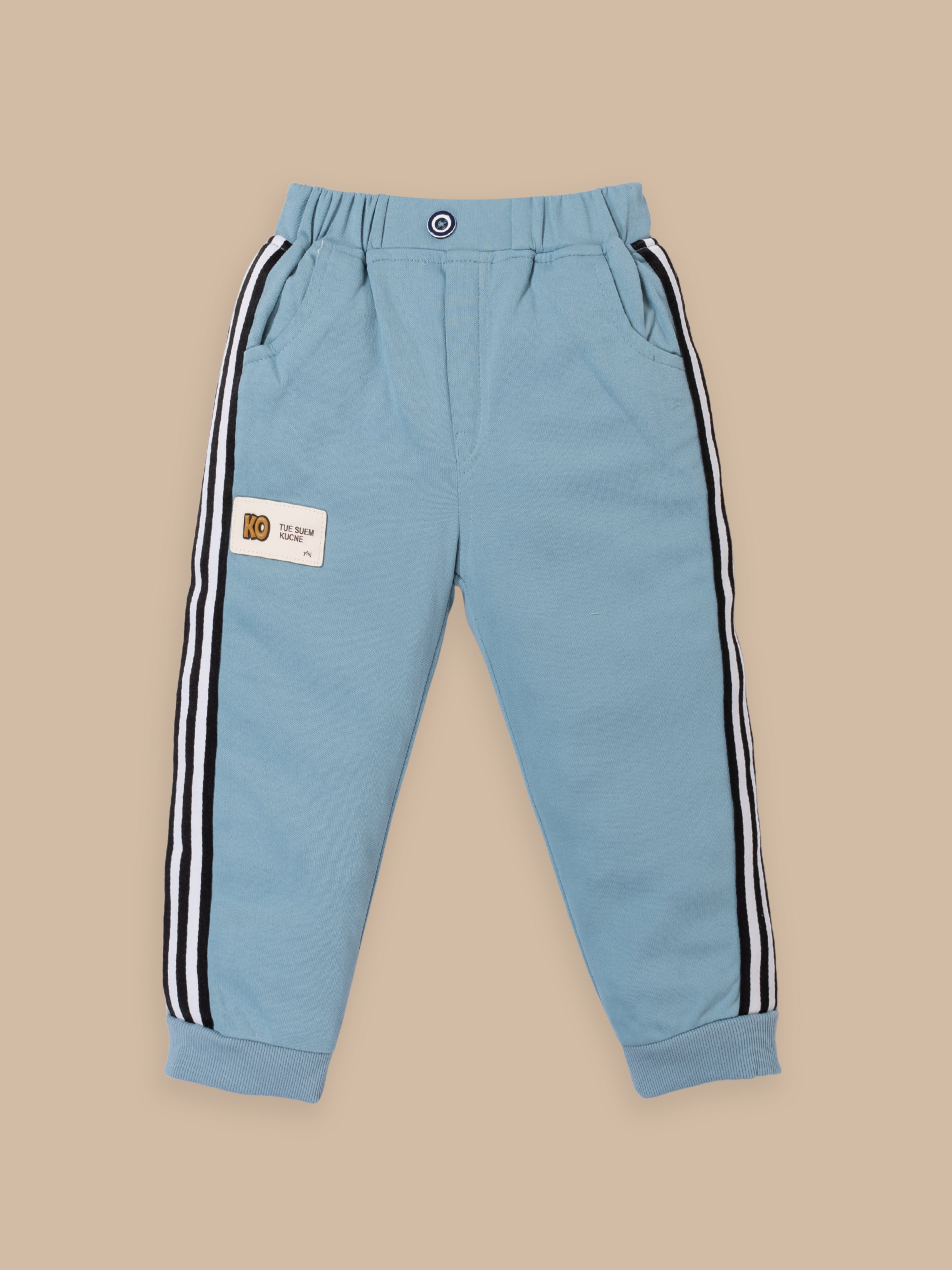 Trendy Kids Tracksuit Set – Printed Sweatshirt with Pocket & Striped Joggers | Beige & Blue