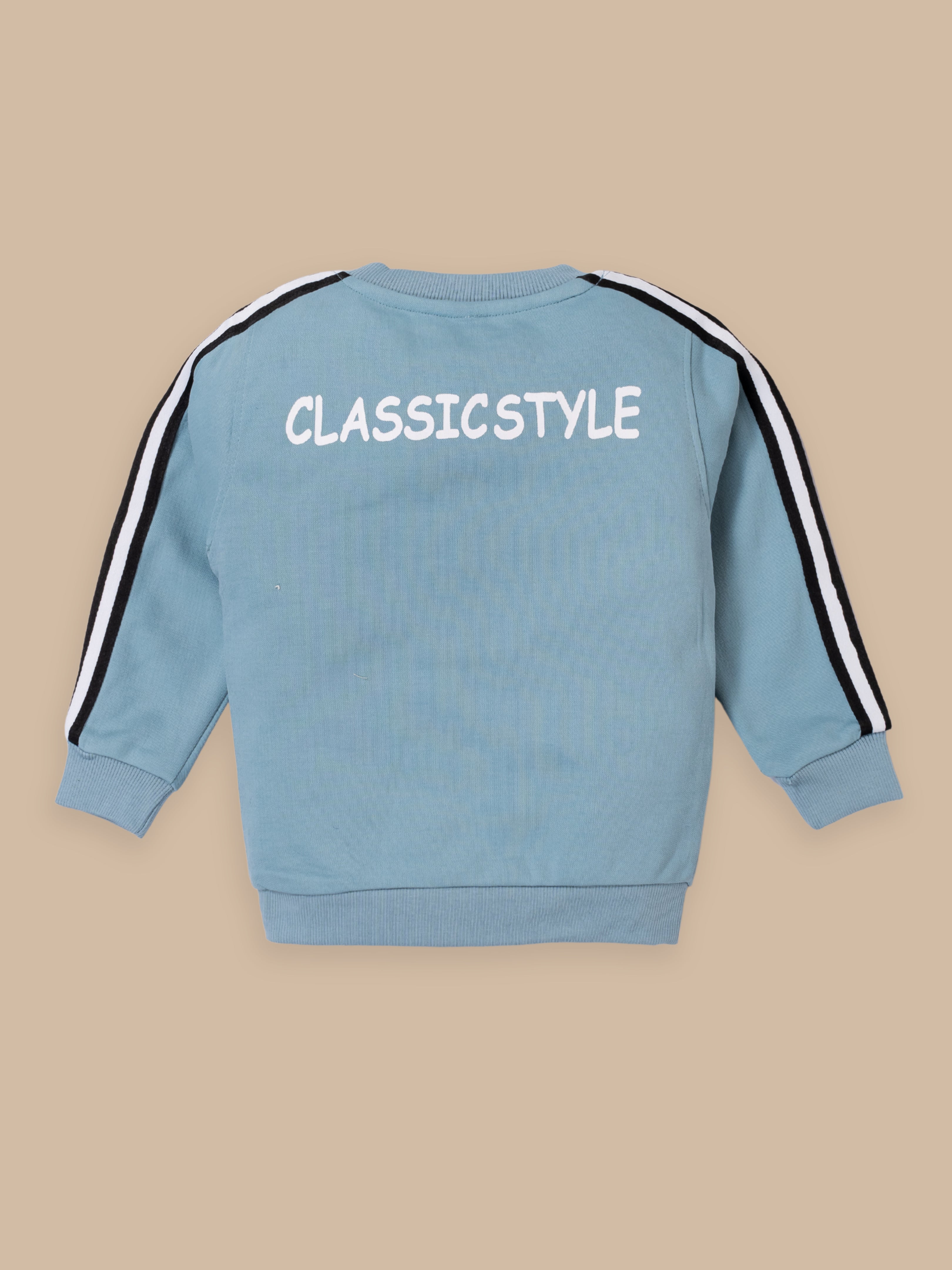 Trendy Kids Tracksuit Set – Printed Sweatshirt with Pocket & Striped Joggers | Beige & Blue