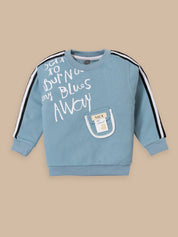 Trendy Kids Tracksuit Set – Printed Sweatshirt with Pocket & Striped Joggers | Beige & Blue