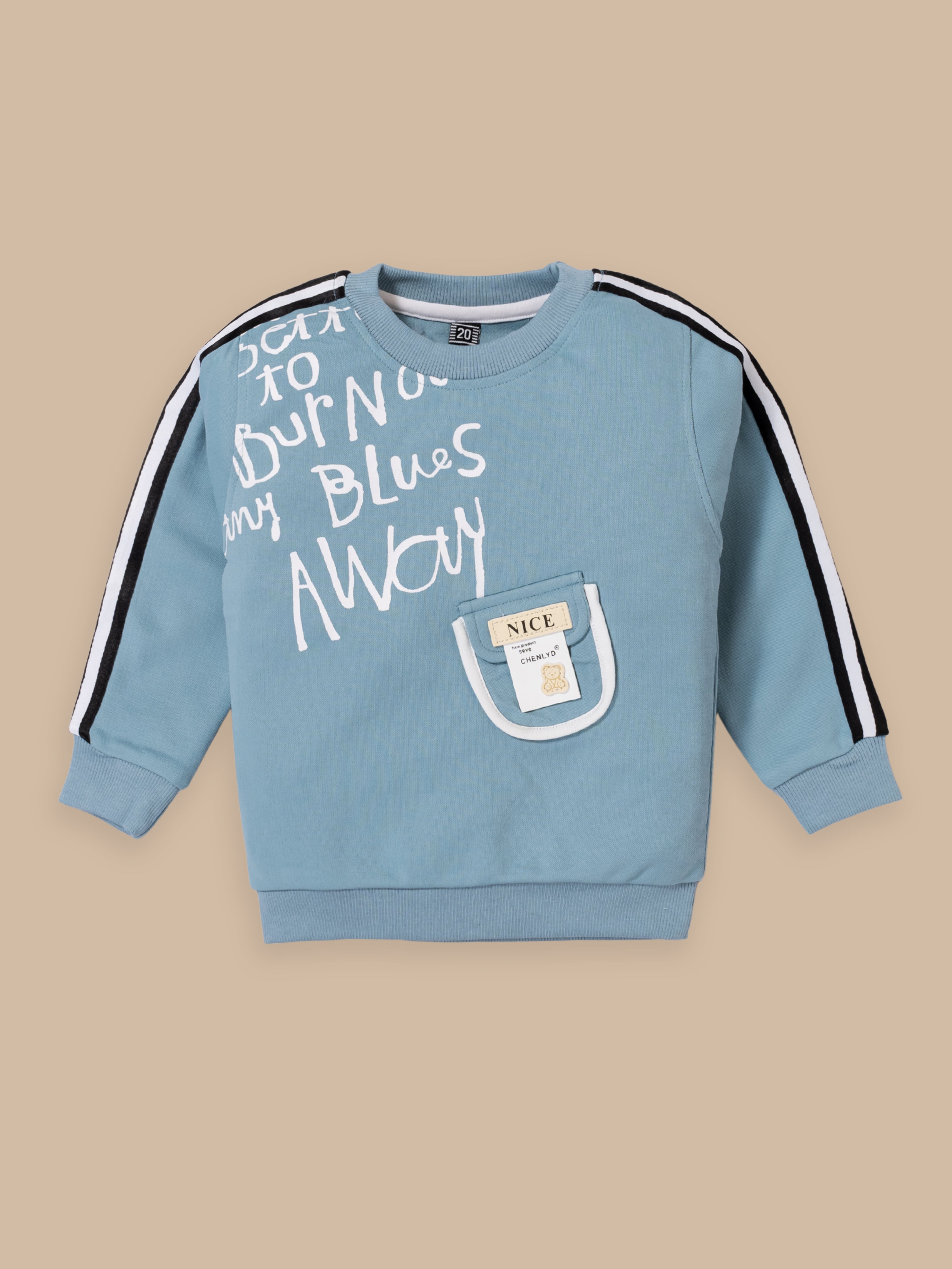 Trendy Kids Tracksuit Set – Printed Sweatshirt with Pocket & Striped Joggers | Beige & Blue