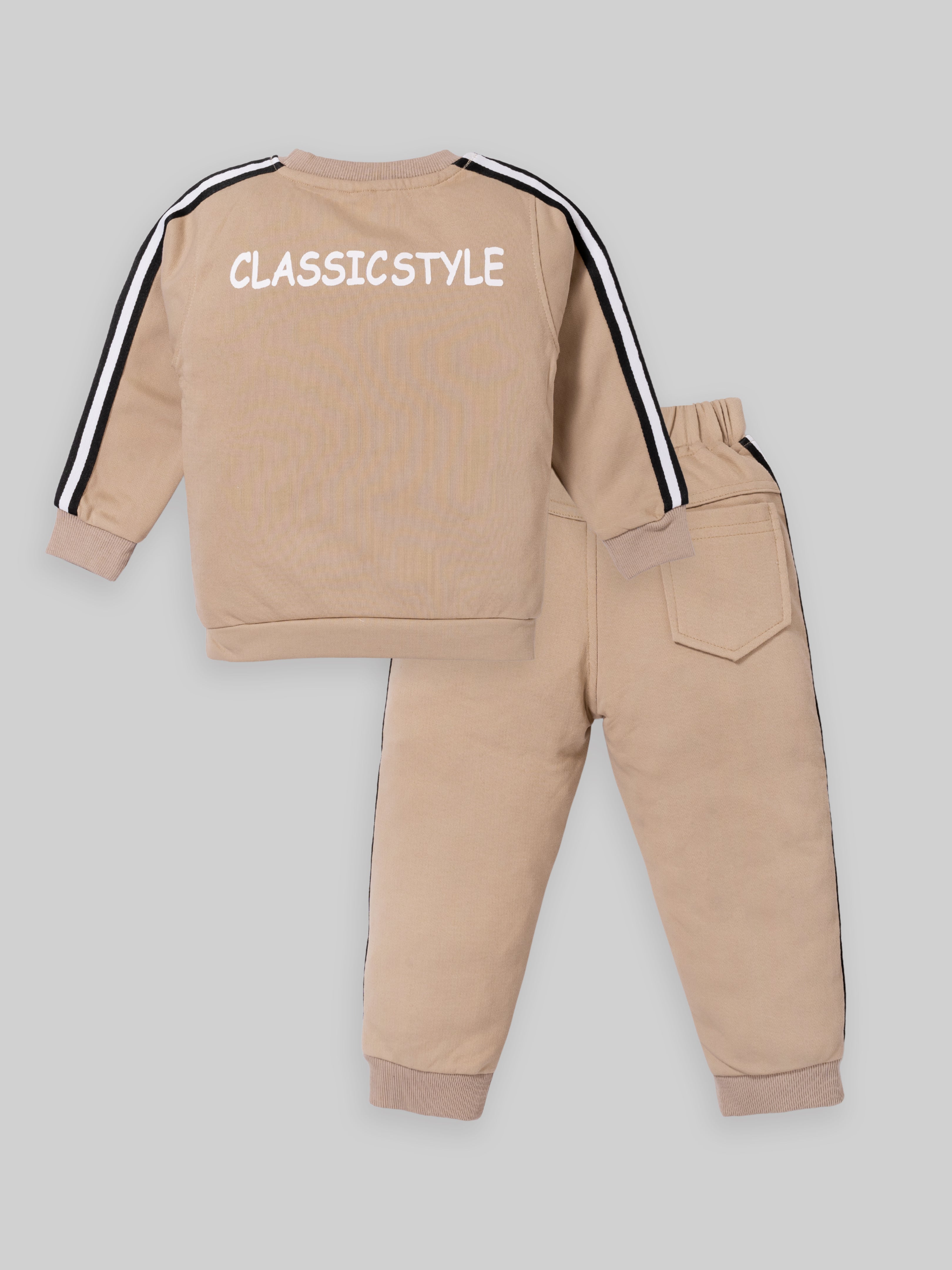 Trendy Kids Tracksuit Set – Printed Sweatshirt with Pocket & Striped Joggers | Beige & Blue