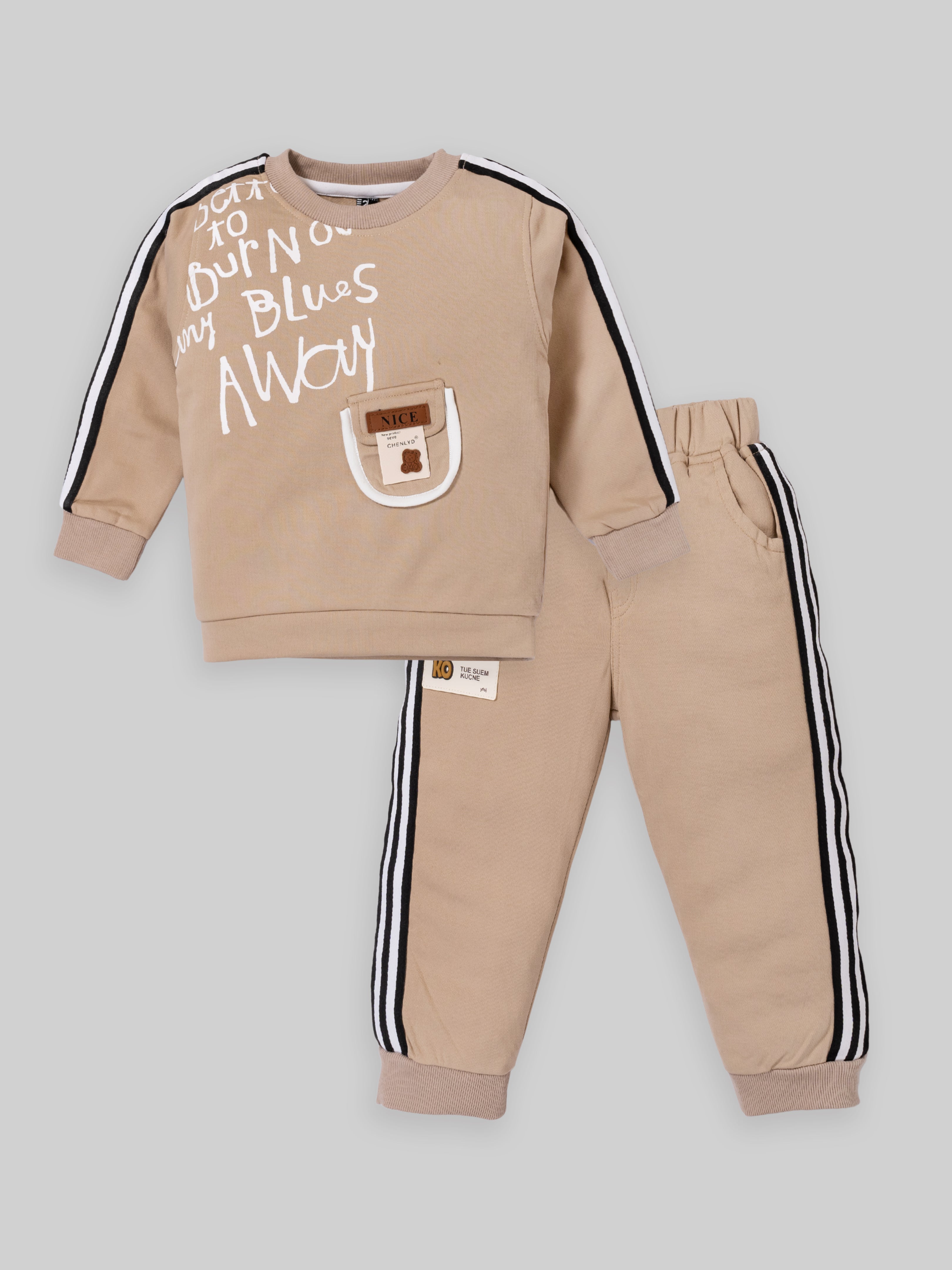 Trendy Kids Tracksuit Set – Printed Sweatshirt with Pocket & Striped Joggers | Beige & Blue