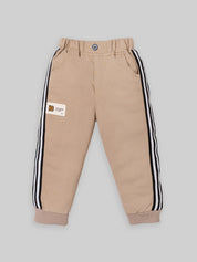 Trendy Kids Tracksuit Set – Printed Sweatshirt with Pocket & Striped Joggers | Beige & Blue
