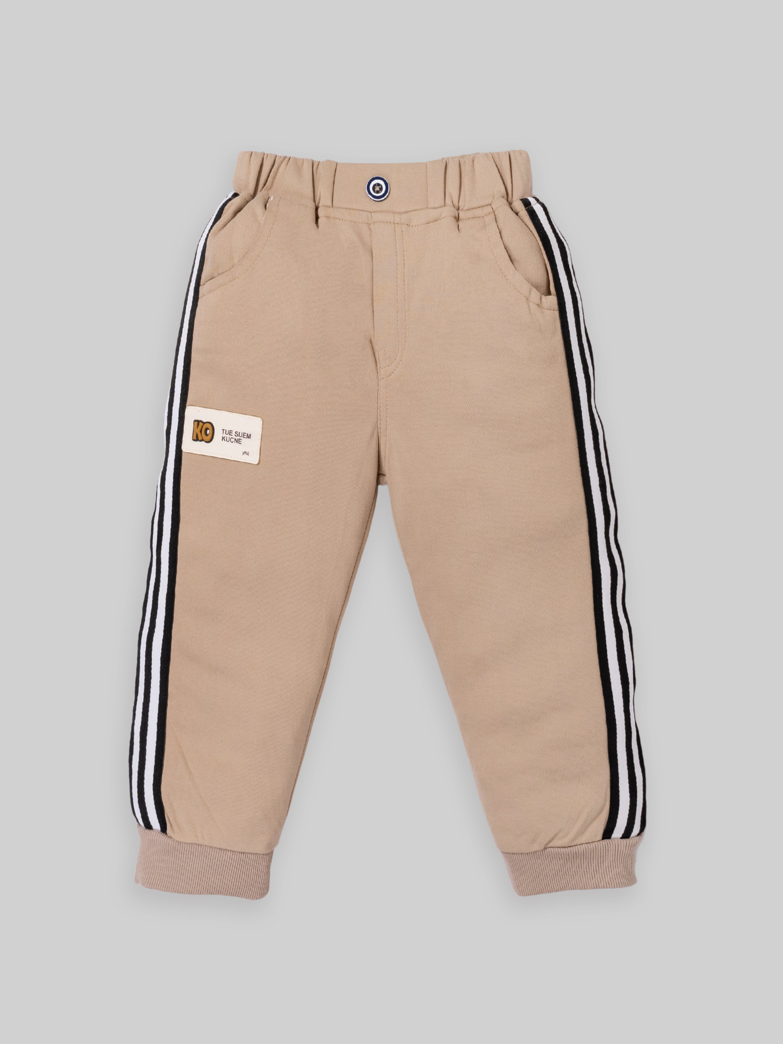 Trendy Kids Tracksuit Set – Printed Sweatshirt with Pocket & Striped Joggers | Beige & Blue