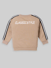 Trendy Kids Tracksuit Set – Printed Sweatshirt with Pocket & Striped Joggers | Beige & Blue