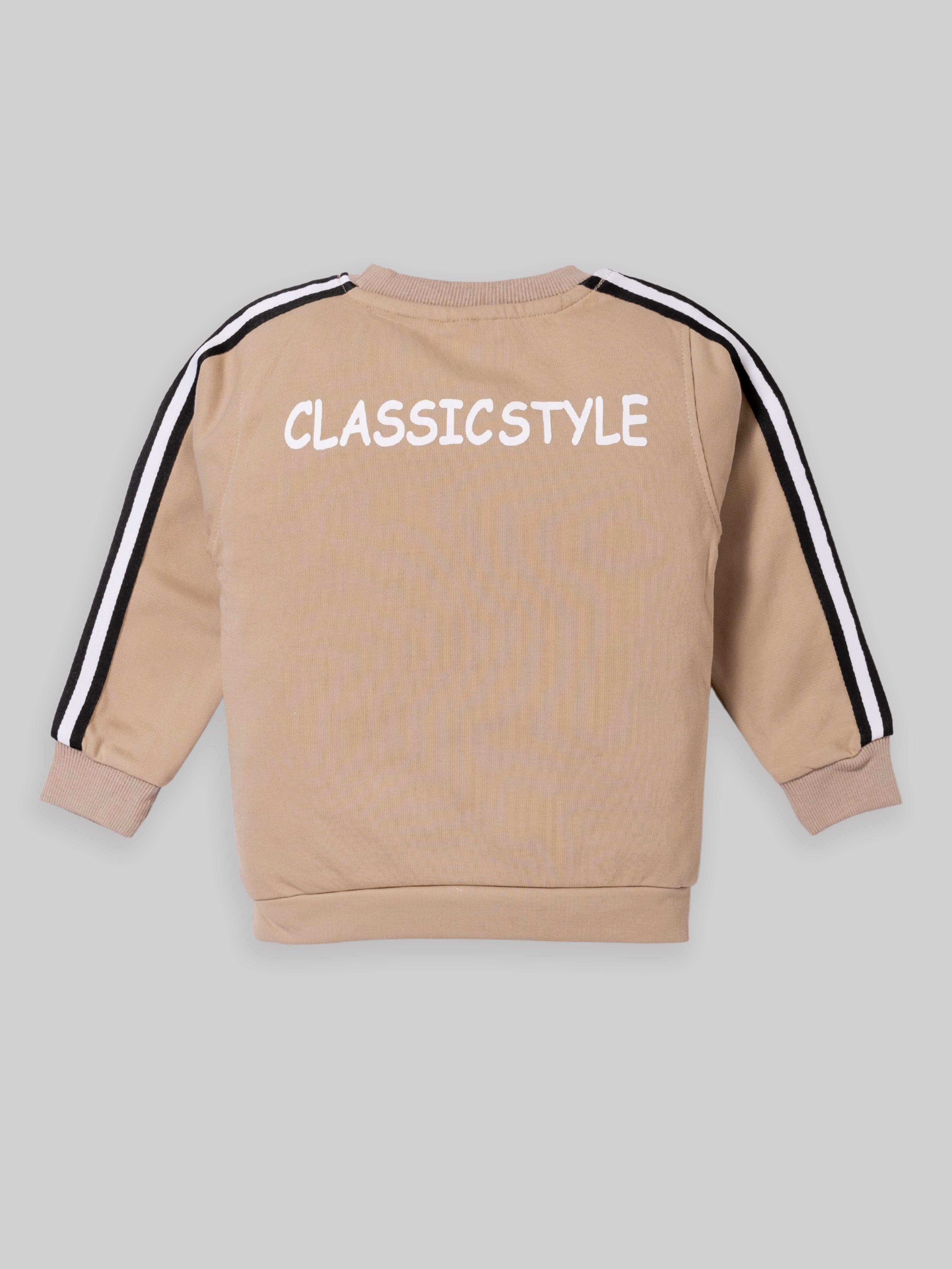 Trendy Kids Tracksuit Set – Printed Sweatshirt with Pocket & Striped Joggers | Beige & Blue