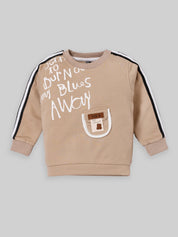 Trendy Kids Tracksuit Set – Printed Sweatshirt with Pocket & Striped Joggers | Beige & Blue