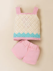 Girls Floral Crochet Top & Pink Shorts Set