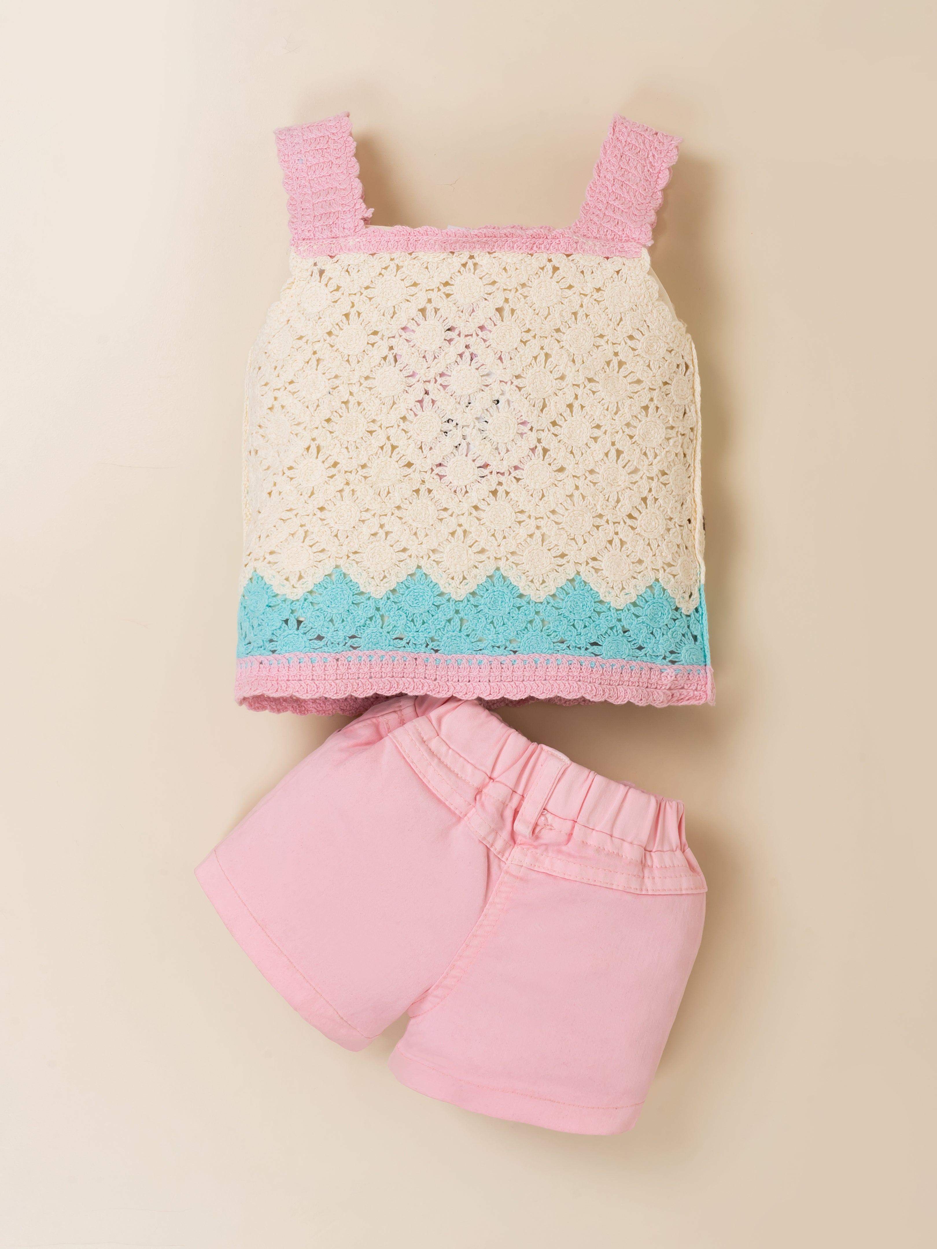Girls Floral Crochet Top & Pink Shorts Set