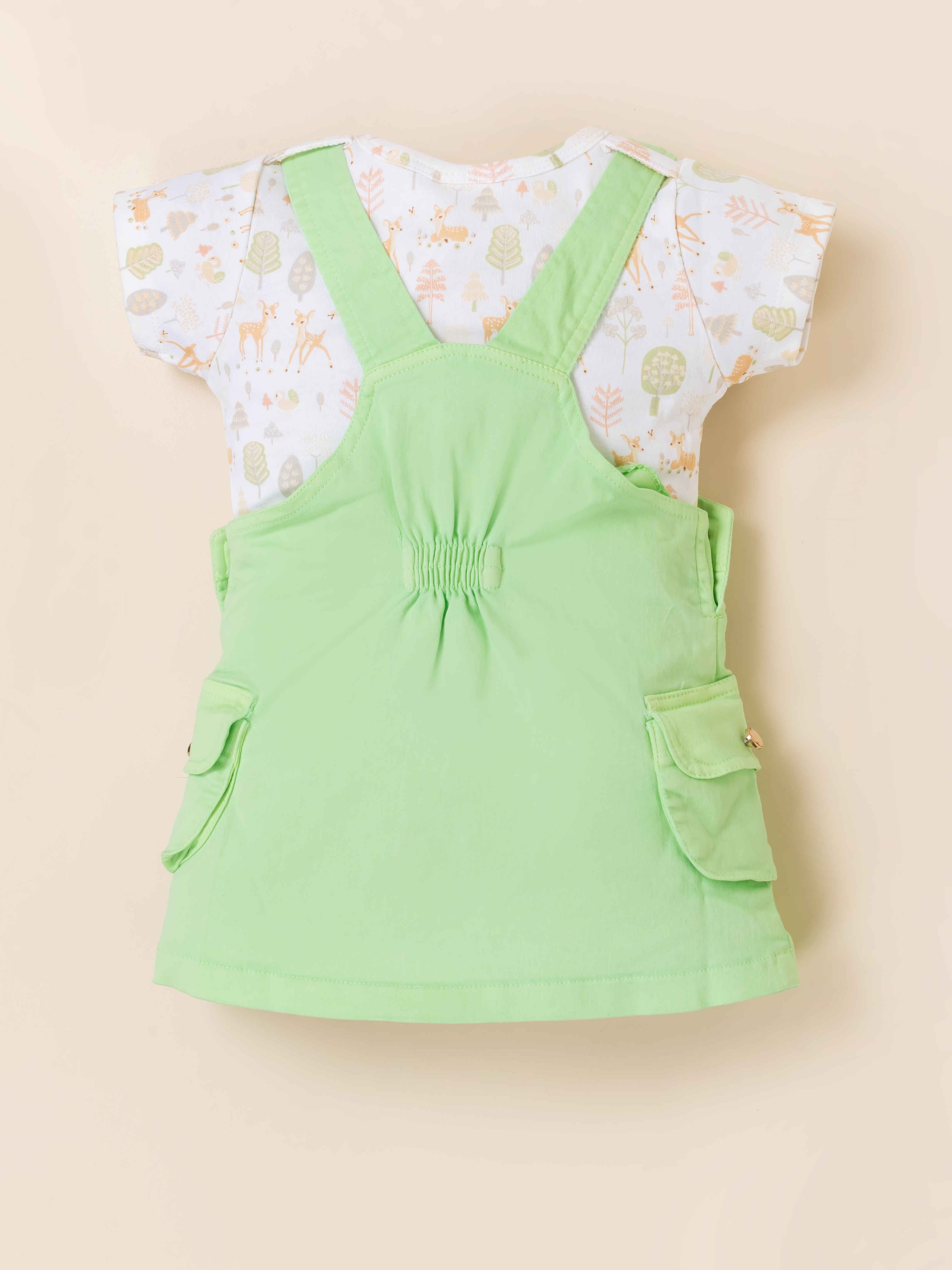 Girls Deer Print Dungaree Dress Set with T-Shirt