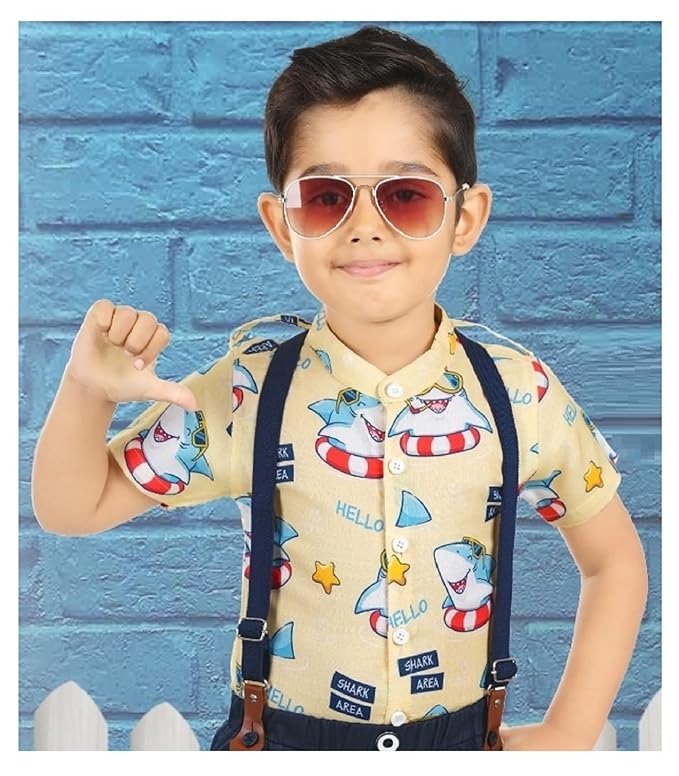 CHOO CHOO Boys Cotton Shirt with Short dungaree Combo