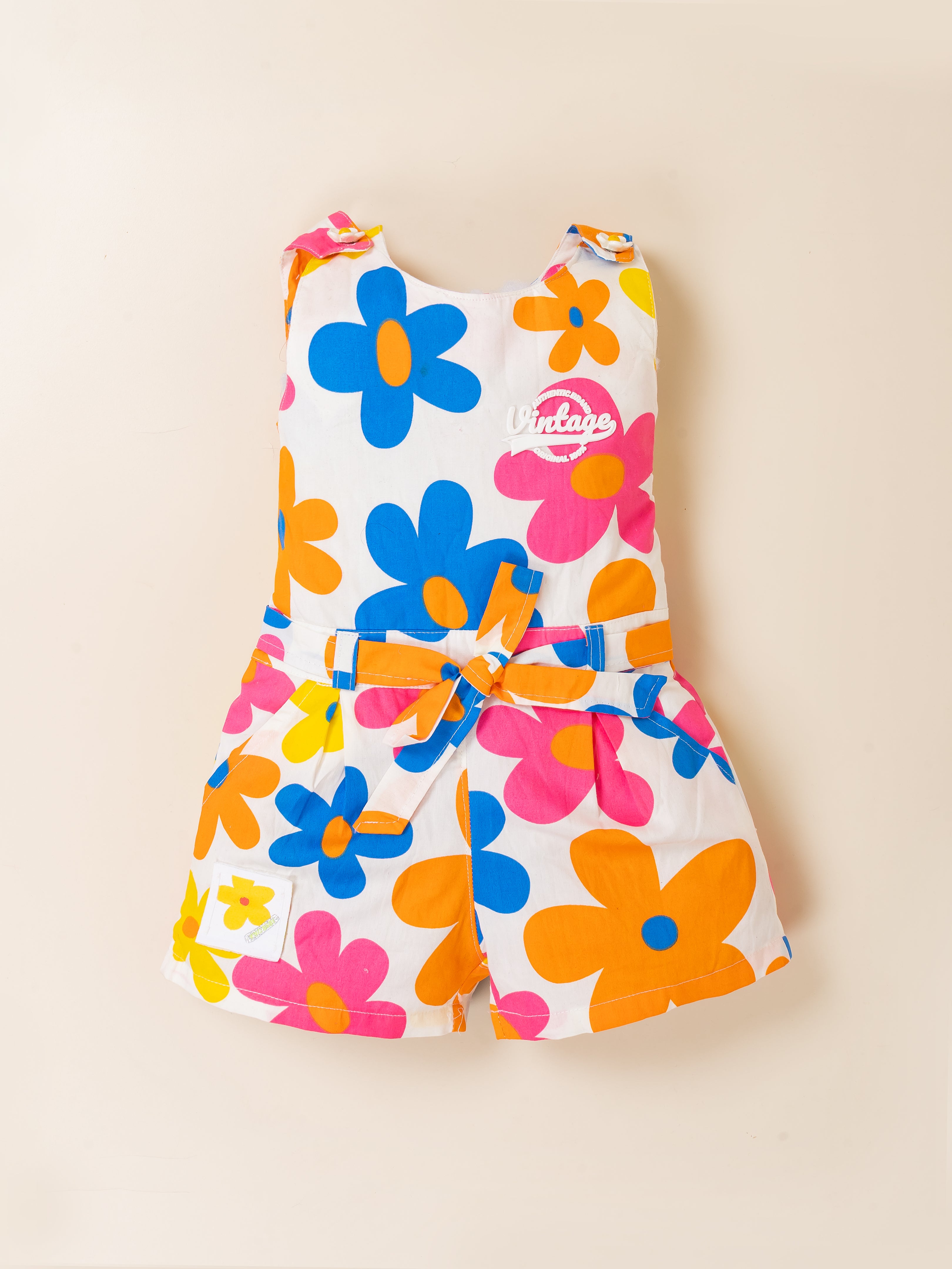 Girls Multicolor Floral Jumpsuit with Matching Hat