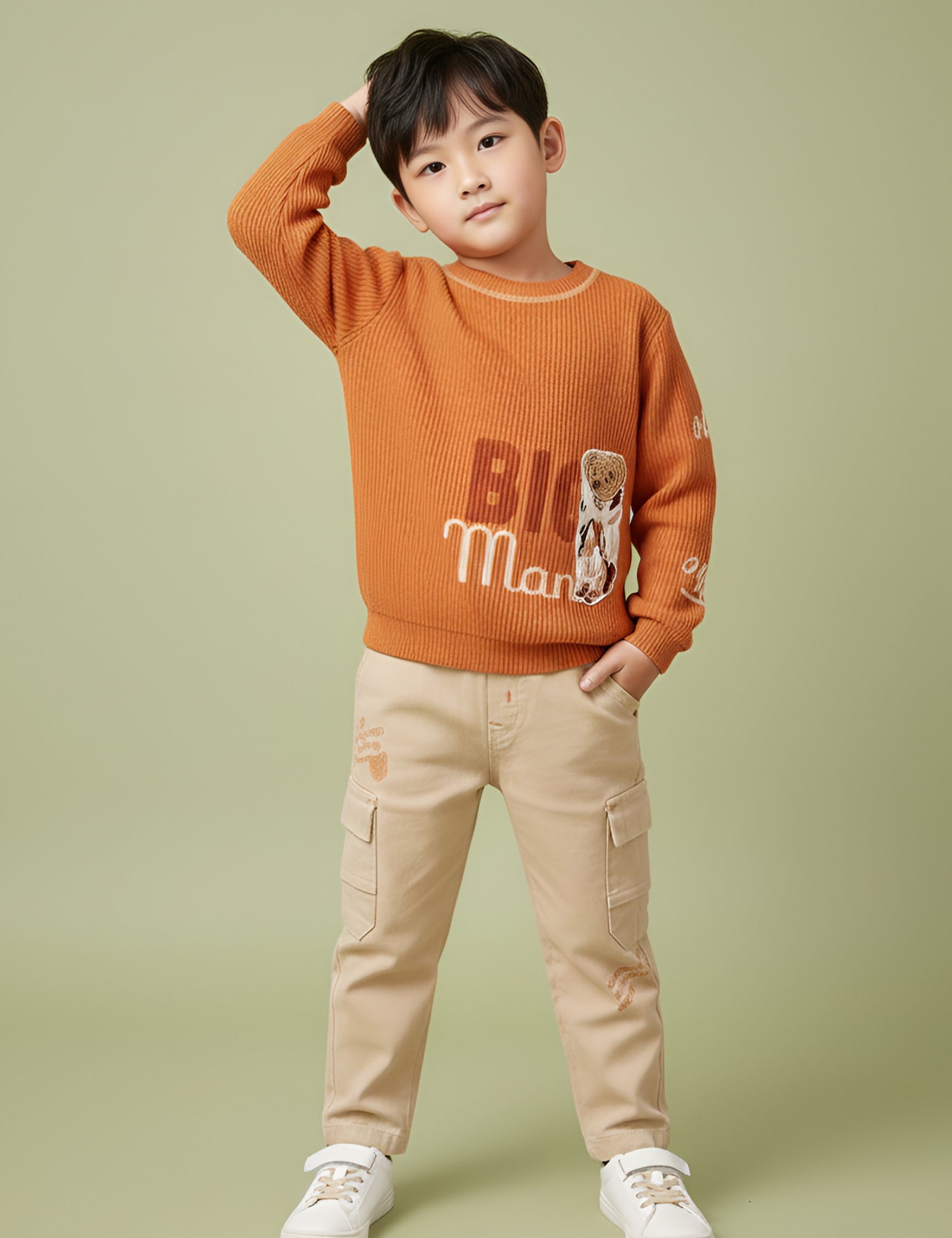 Boys Winter Outfit Set – Warm Sweatshirt & Thick Cargo Pants | Blue & Orange
